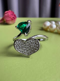 Adjustable Open Ring for Women, Green Emerald Cubic Zirconia & Paved Heart Statement Ring, White Gold Plated Copper, Niche Elegant Trendy Jewelry