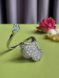 Adjustable Open Ring with Teardrop Aqua CZ & Paved Clover Leaf, White Gold Plated Copper, Elegant Statement Jewelry for Women