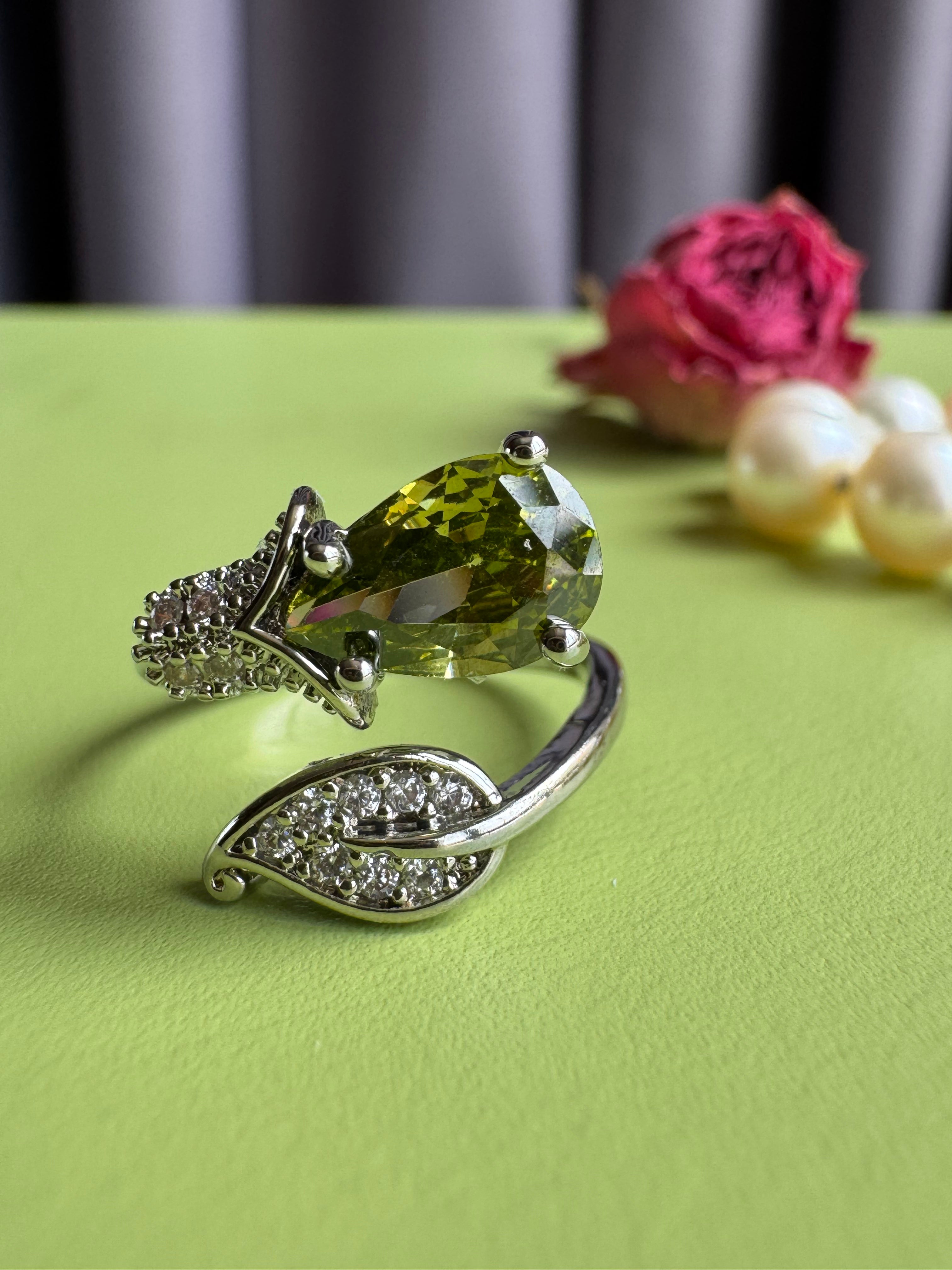 Women's Adjustable Open Ring, Peridot Teardrop Cubic Zirconia with Paved Leaf & V-Shape Accent, White Gold Plated Copper, Trendy Niche Jewelry Gift