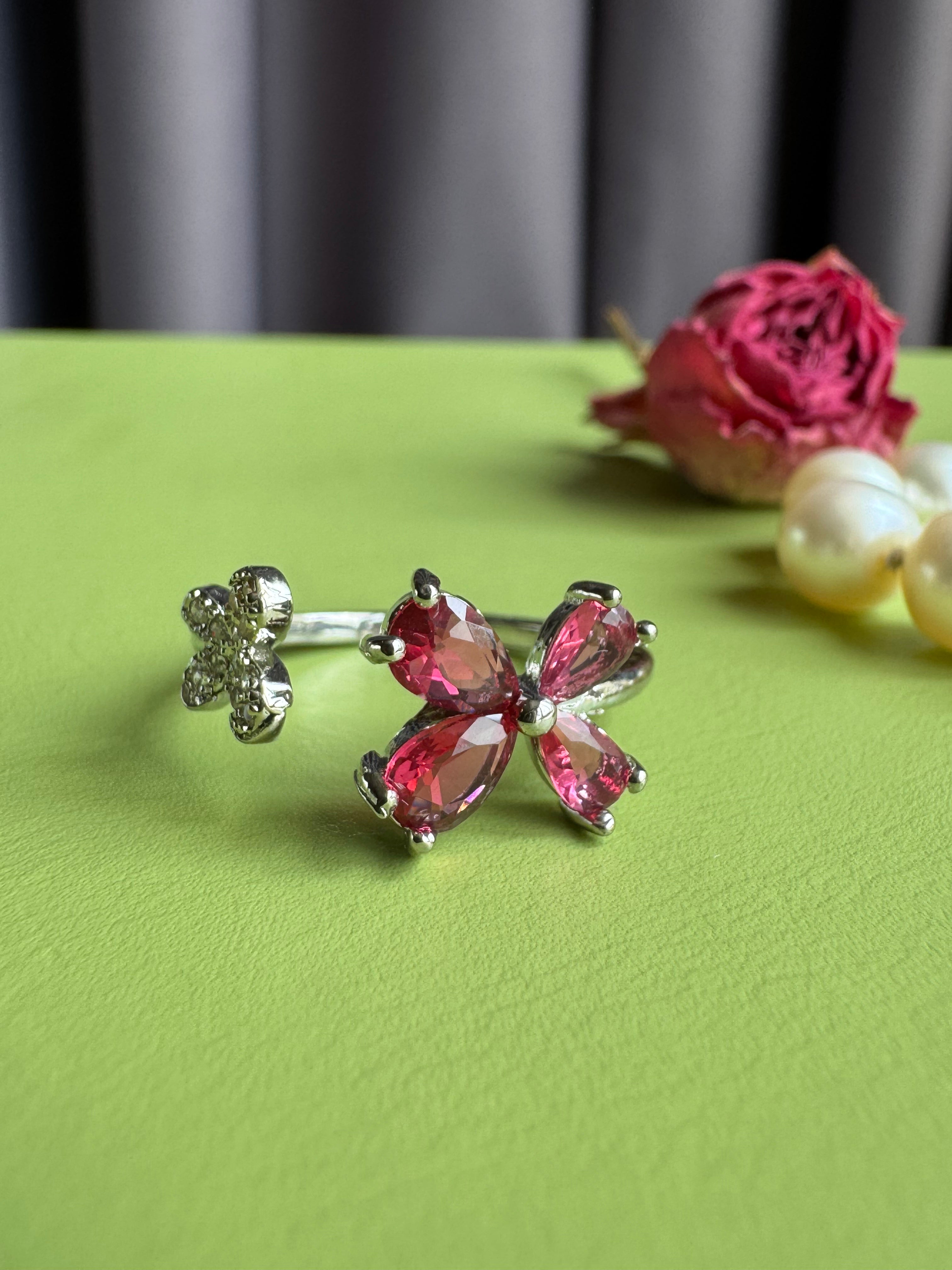Light Luxury Rose Red Zircon Butterfly Ring for Women, Niche High-grade Vintage Elegant Adjustable Open Ring