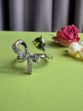 Light Luxury Olive Green Zircon Bow Ring for Women, Niche High-grade Elegant Trendy Adjustable Open size Ring