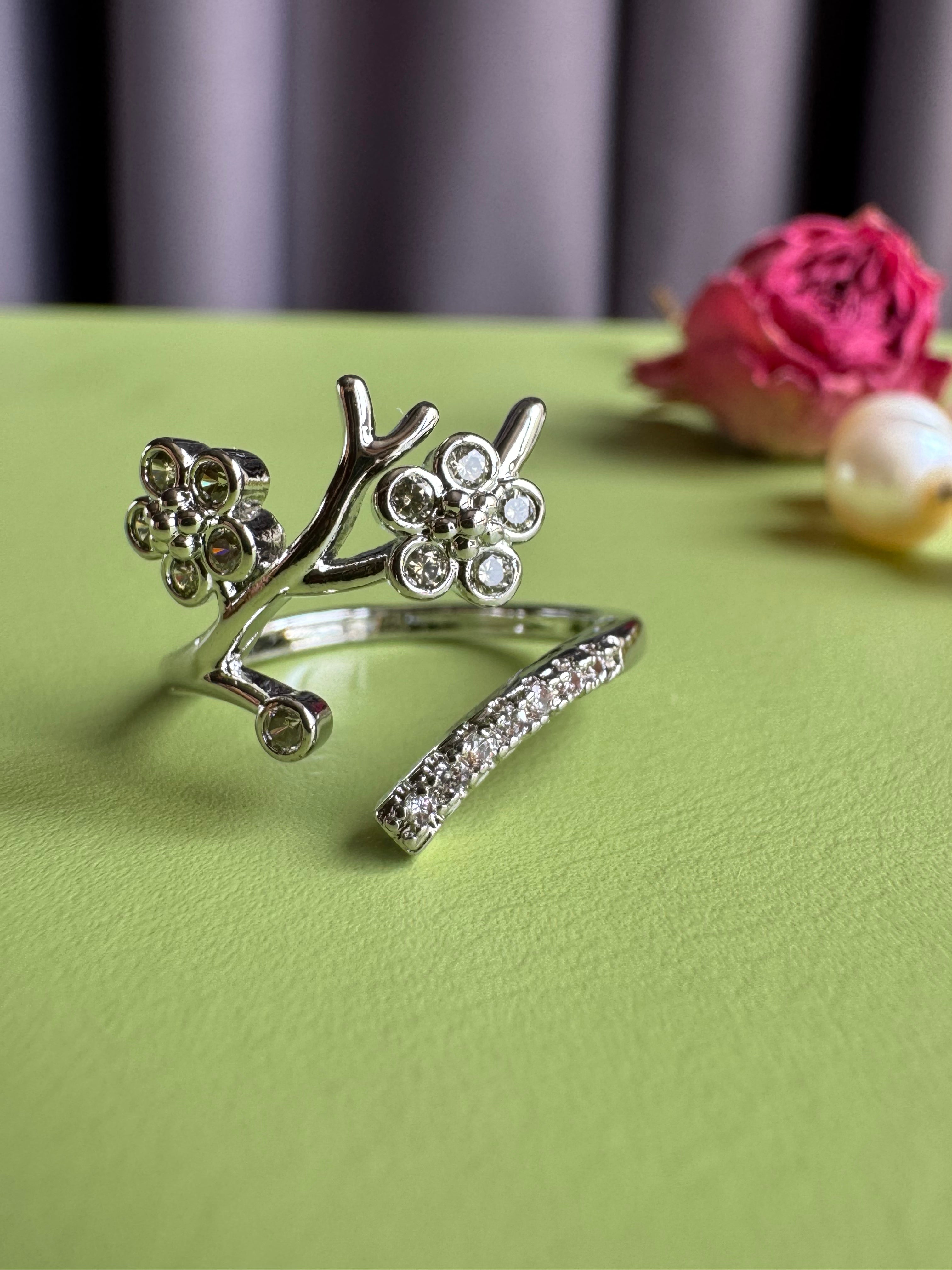 Light Luxury Plum Blossom Branch Zircon Ring for Women, Niche High-grade Elegant Trendy Adjustable Open size Ring