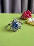 Light Luxury Full Paved Flower Ring with Blue Center Zircon for Women, Niche High-grade Sparkly Trendy Adjustable Open Ring