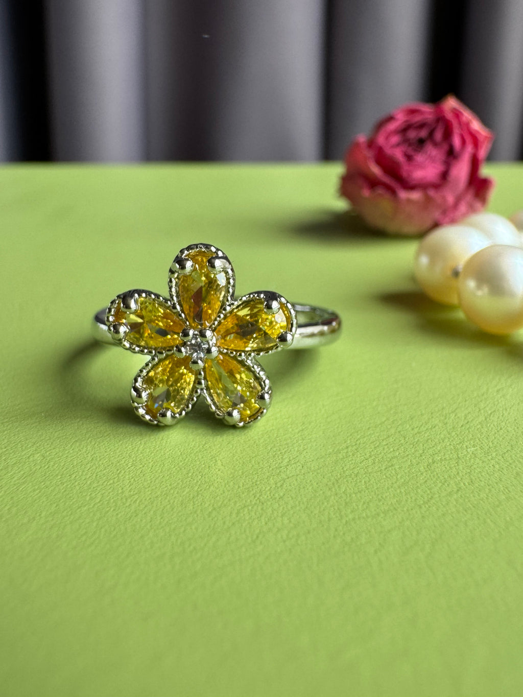 Yellow Zircon Flower Ring for Women, Niche High-grade Elegant Trendy Adjustable Open Ring