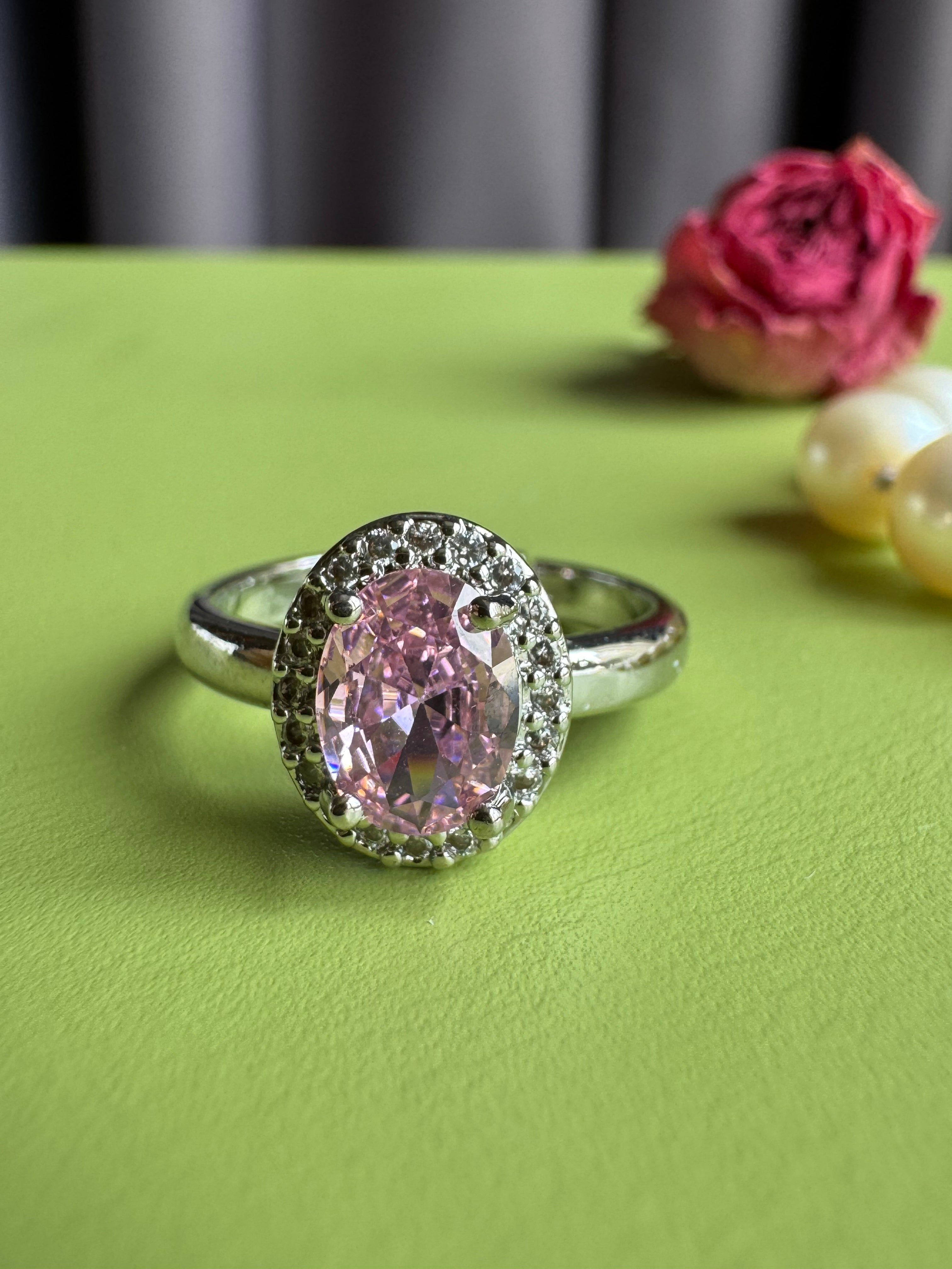 Pink Diamond Style Halo Statement Ring for Women, Niche High-grade Banquet Trendy Adjustable Open Ring