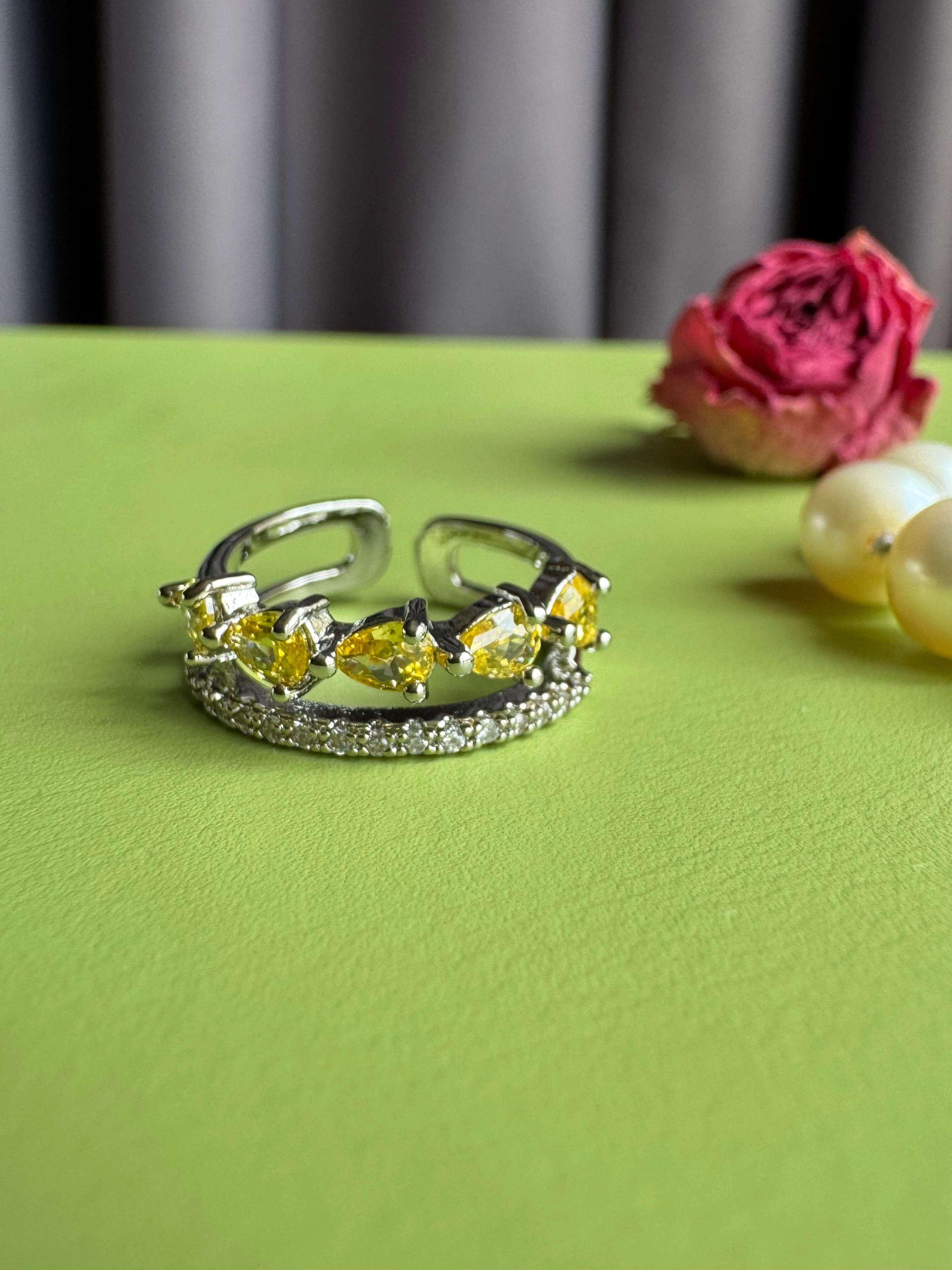 Yellow Cubic Zirconia Adjustable Open Size Ring, White Gold Plated copper