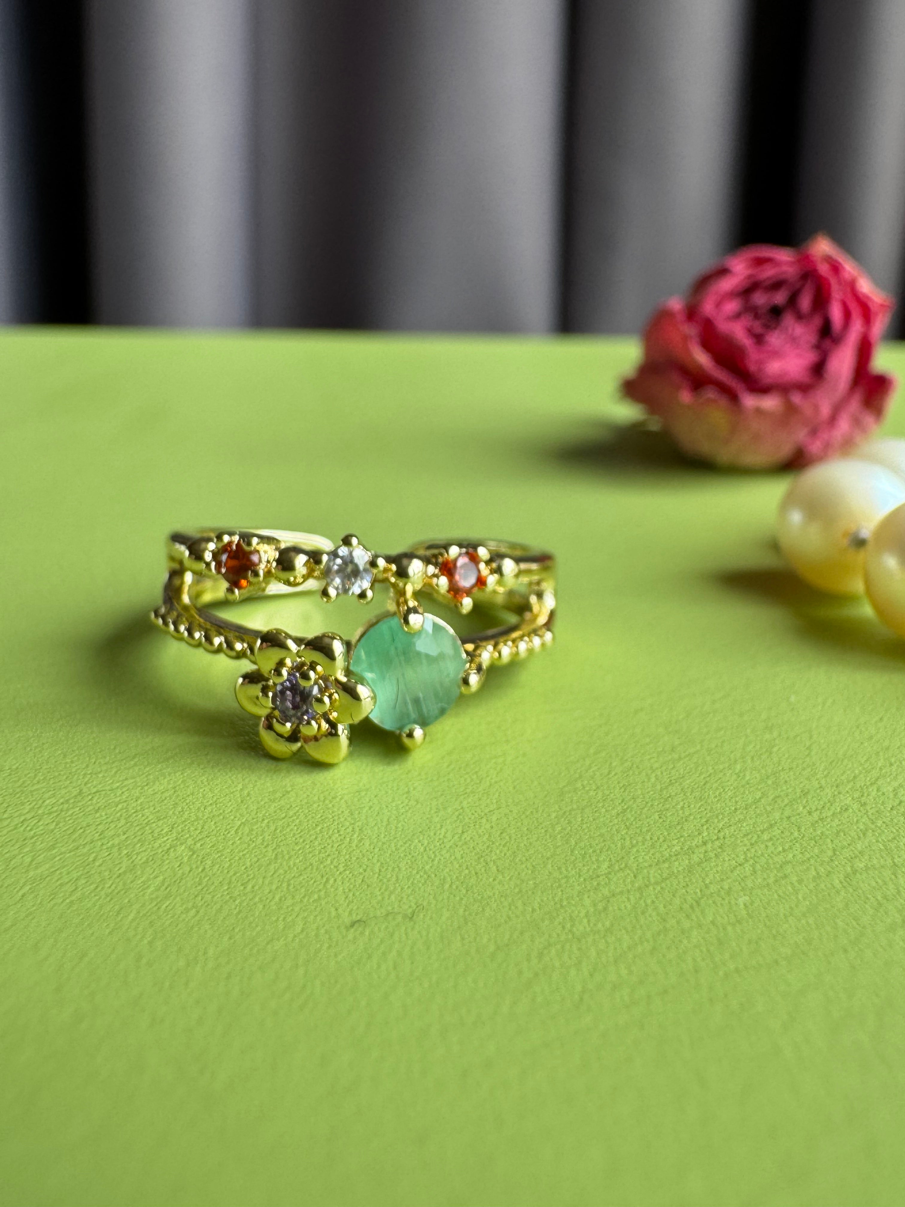 Adjustable Green Zircon Floral Stackable Ring, Gold Plated Everyday Wear Statement Band
