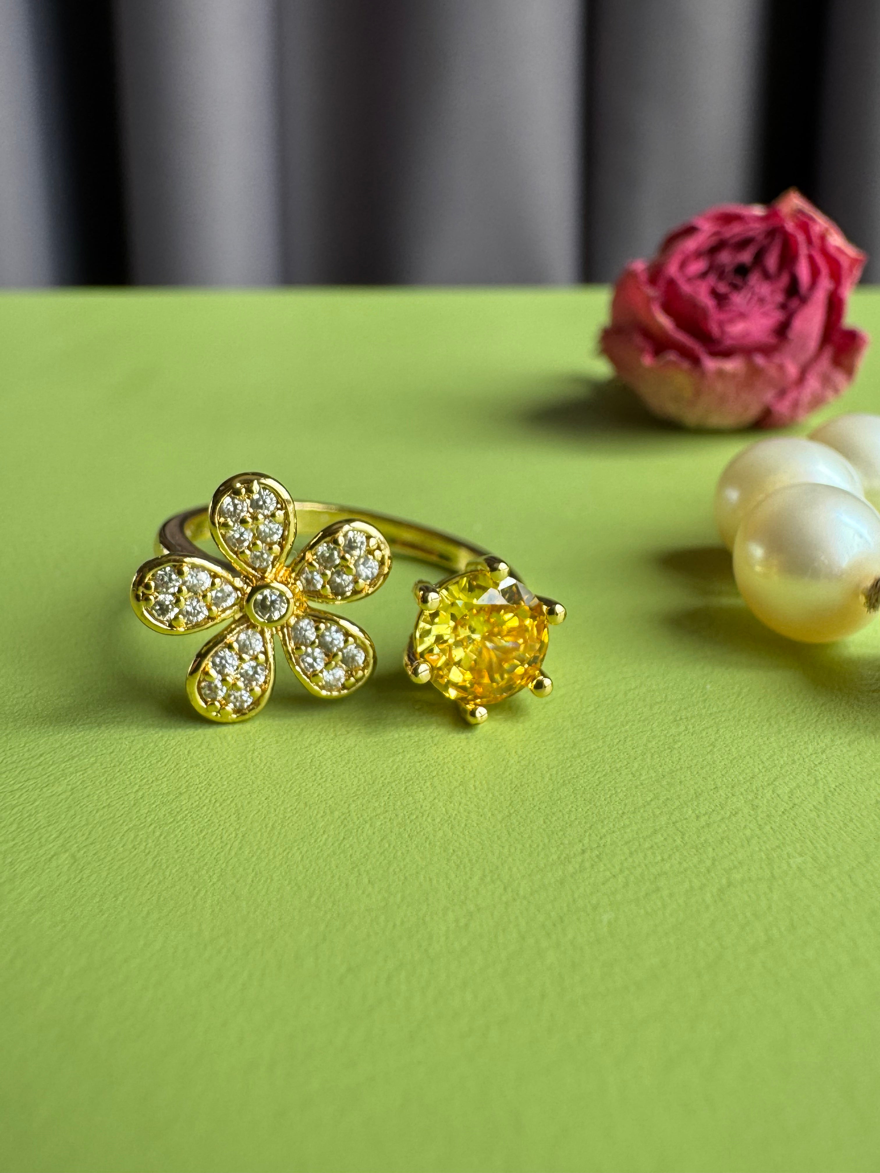 Vintage Floral & Yellow Zircon Open Ring, Adjustable Gold Plated Romantic Statement Band