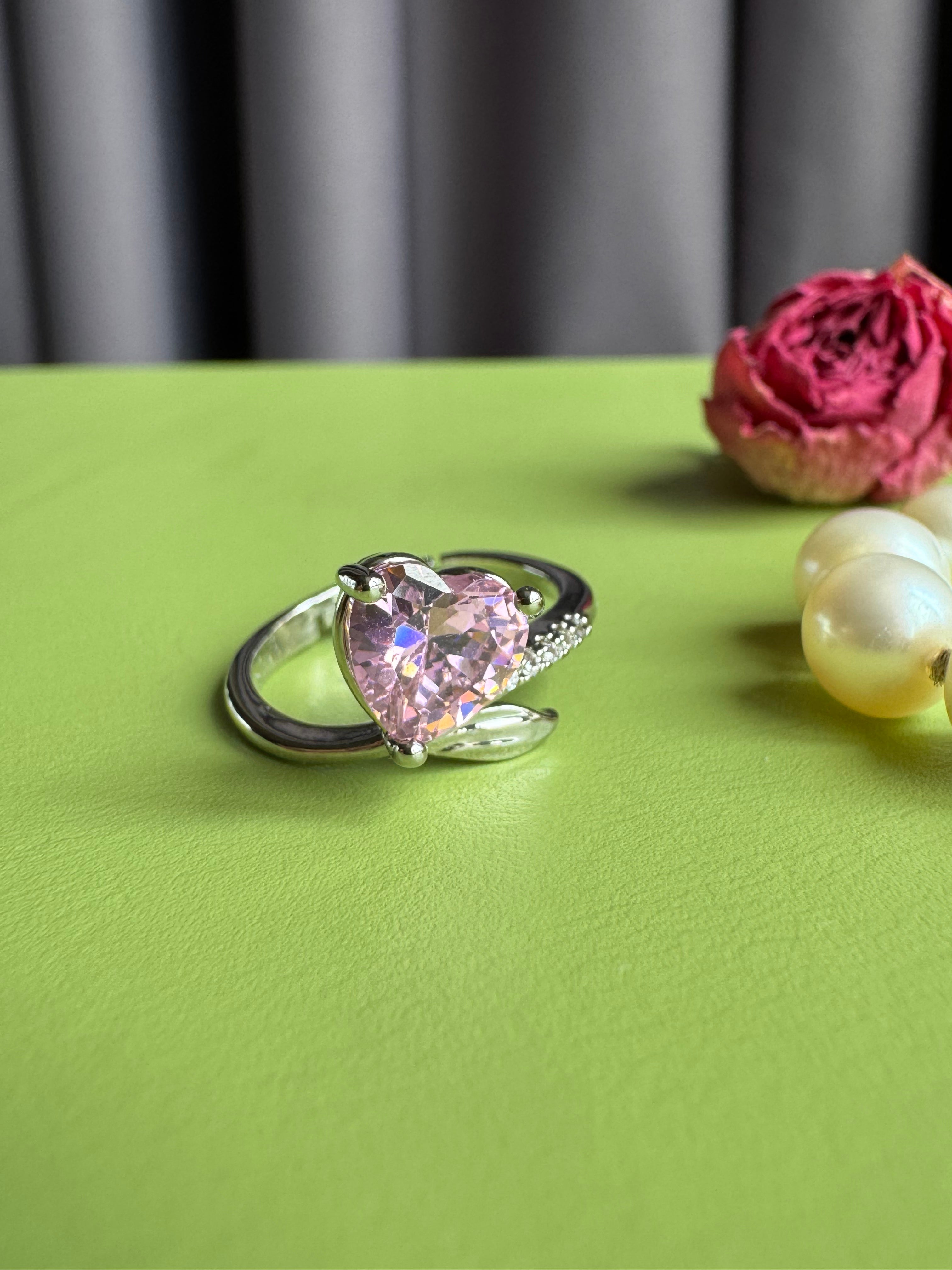 Princess Pink Heart Zircon Statement Ring, Adjustable Open Band with Sparkle Accents