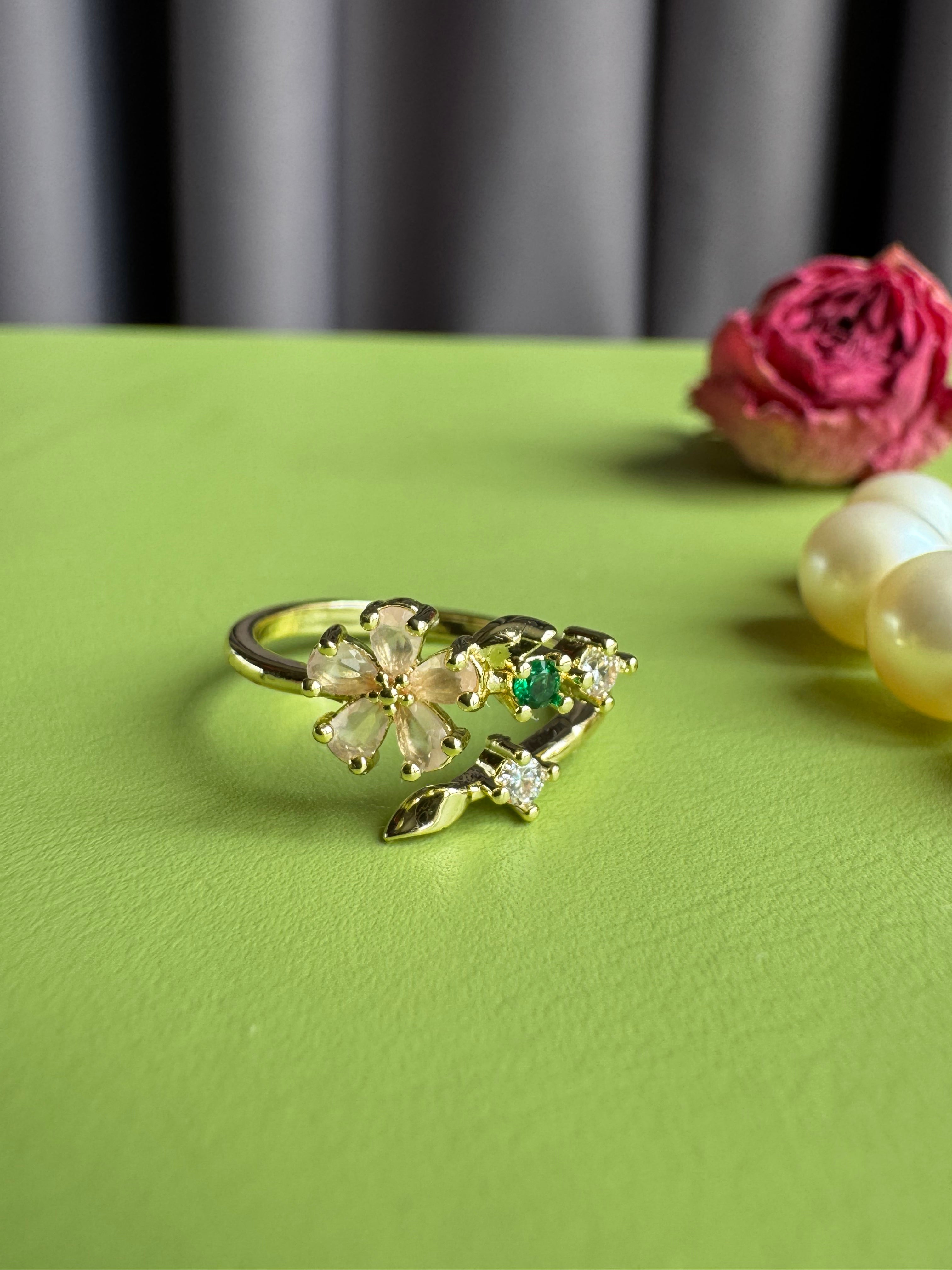 Vintage Floral & Green Zircon Adjustable Ring, Gold Plated Luxury Statement Band