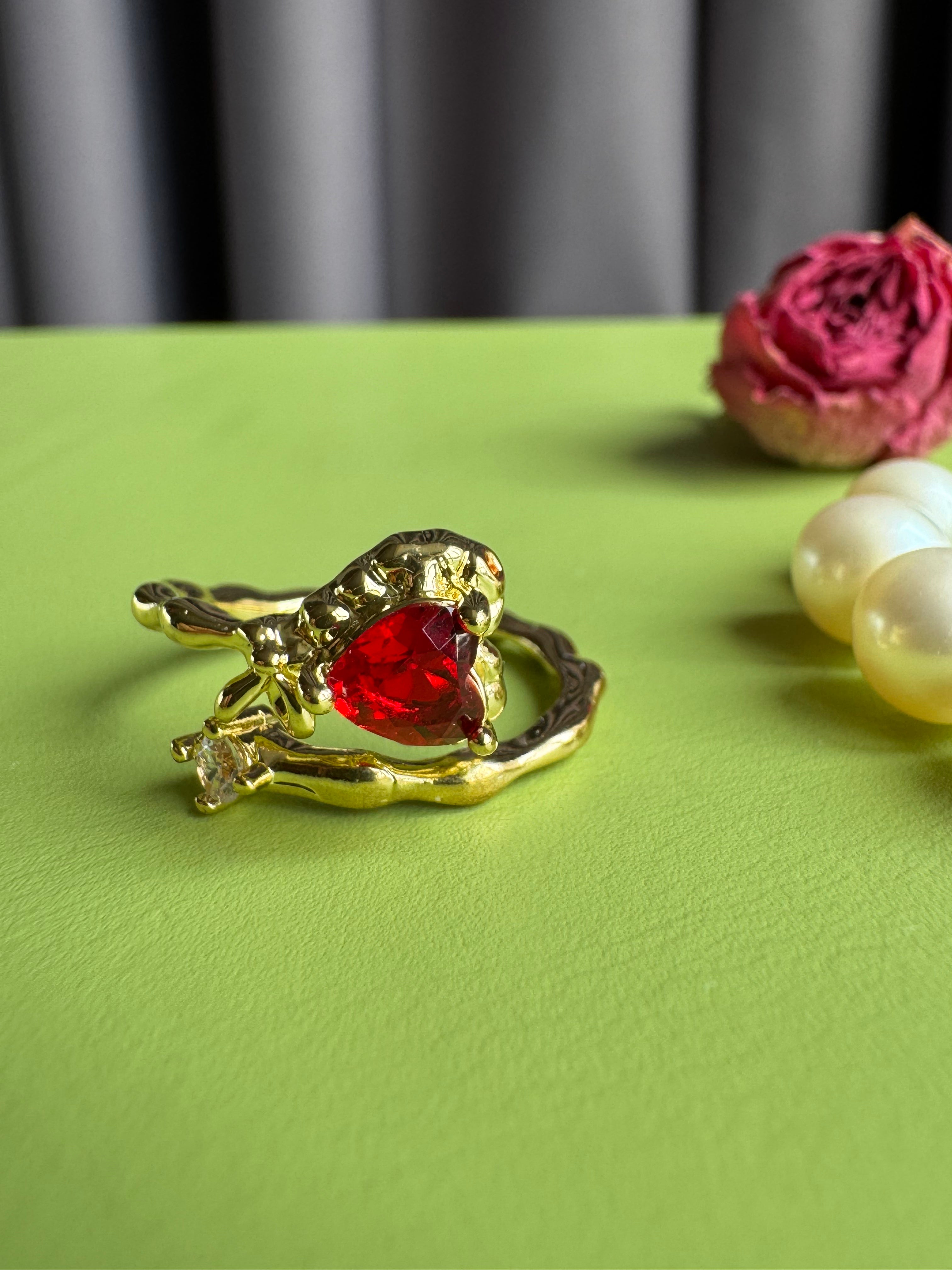 Artisan Red Heart Zircon Ring, Molten Gold Open Band with Micro Pave Accent
