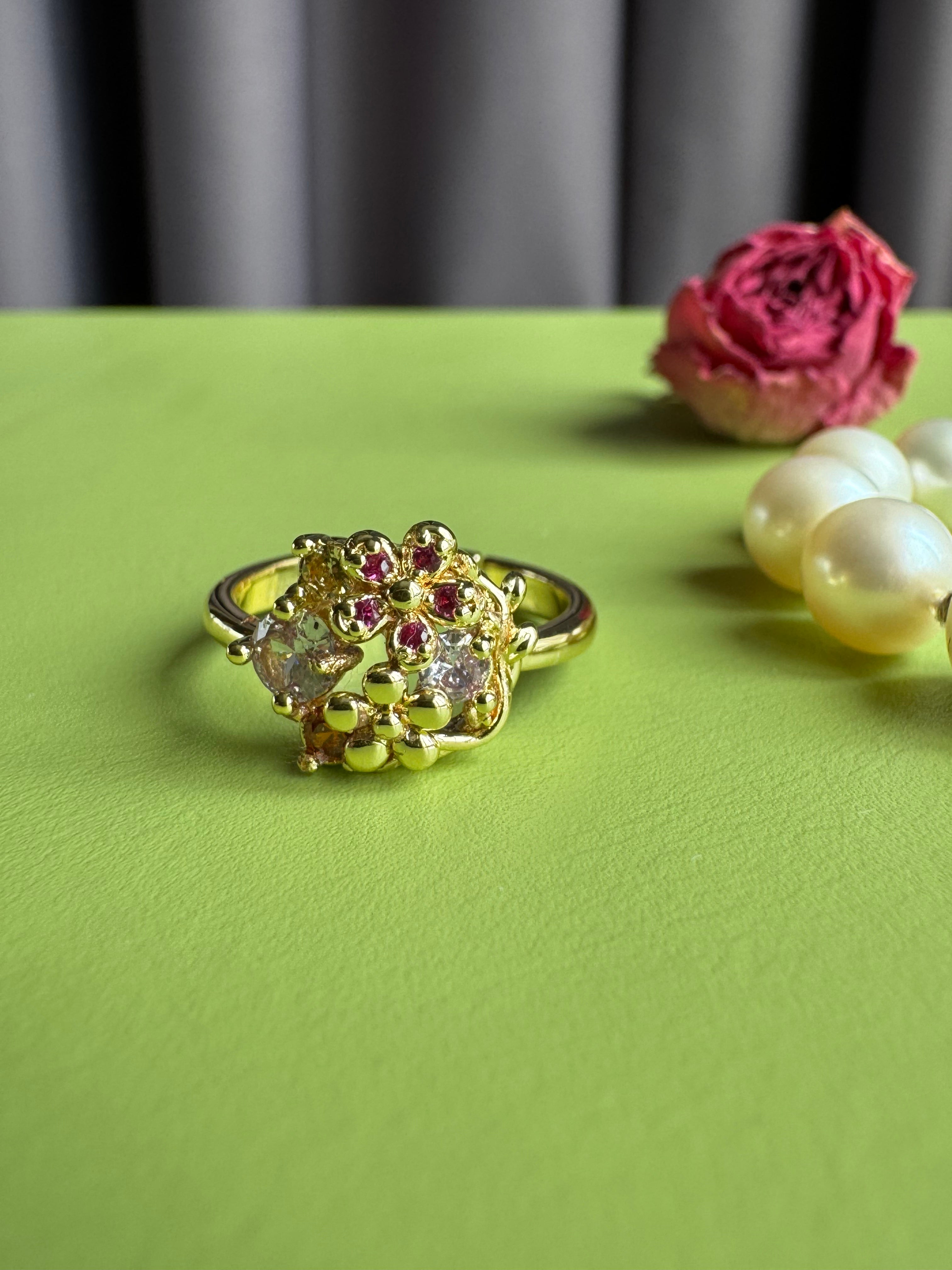 Gold Plated Flower Ring with Red Zircon Accents for Women, Niche High-grade Sparkly Trendy Adjustable Open Ring