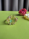 Gold Plated Bow Wreath Ring with Green & Pink Zircon for Women, Niche High-grade Sparkly Trendy Adjustable Open Ring