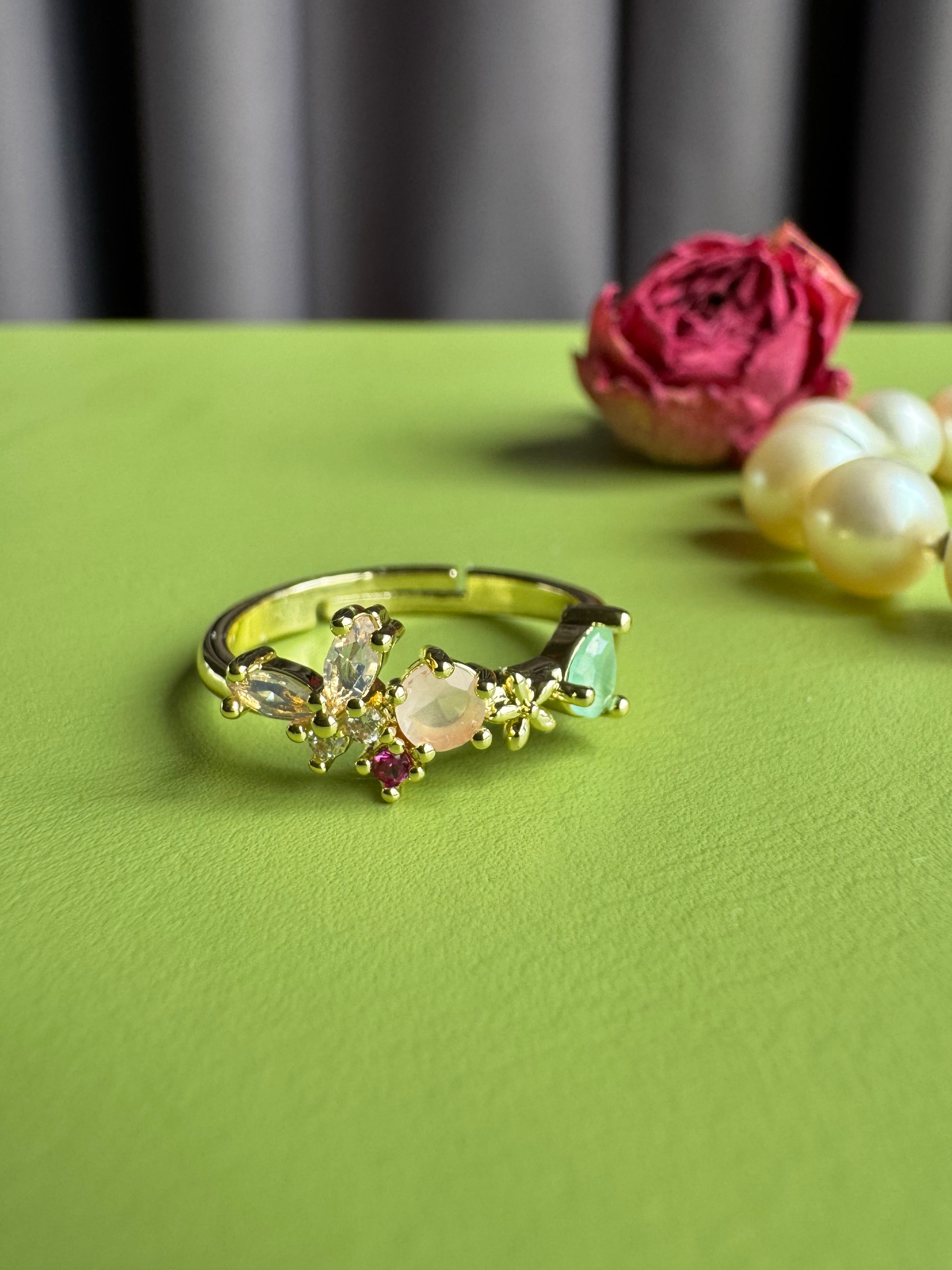 Gold Plated Multi-Stone Floral Ring with Pink & Green Zircon for Women, Niche High-grade Sparkly Trendy Adjustable Open Ring