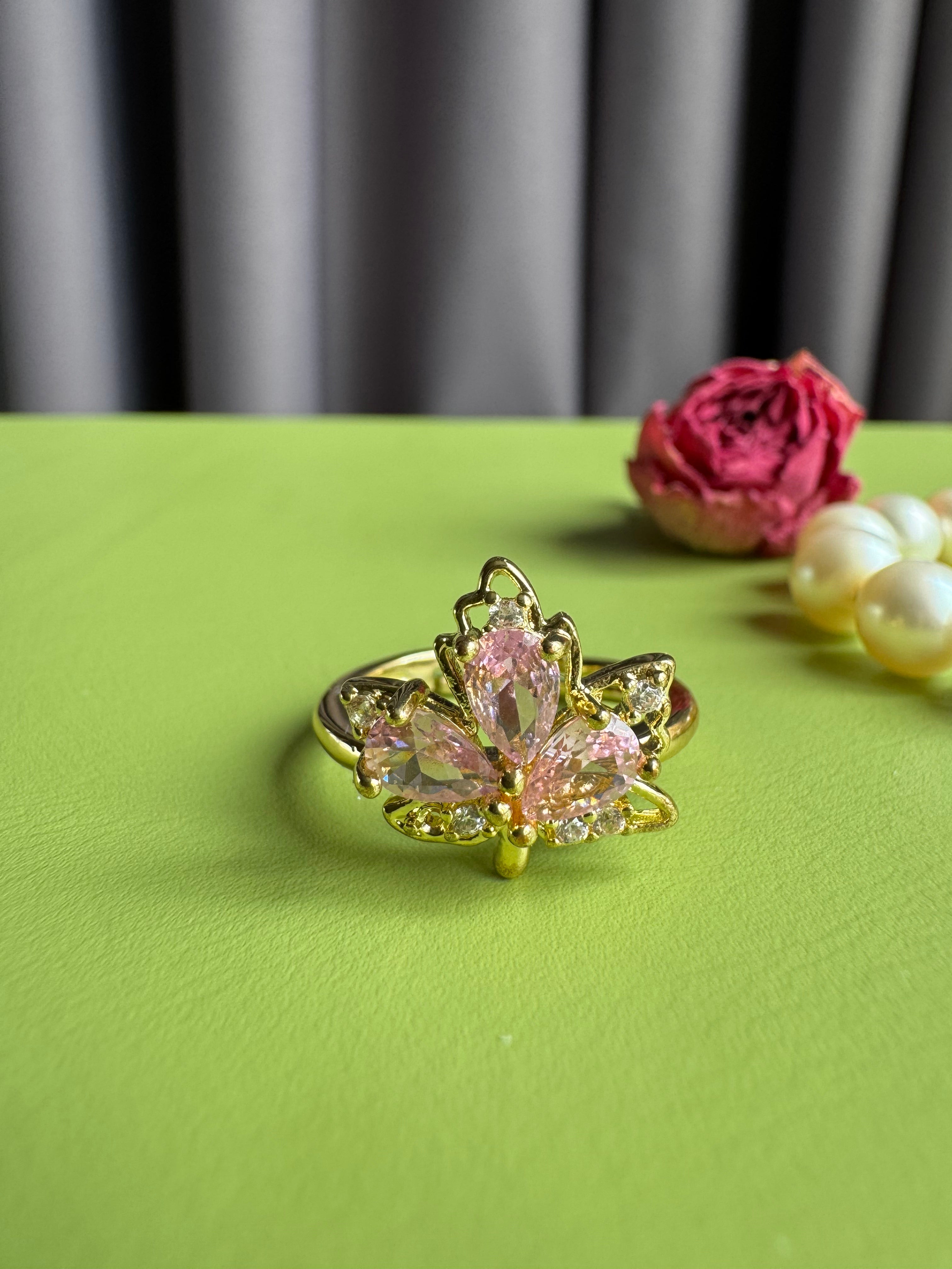 Fairy Pink Leaf Zircon Ring for Women, Niche High-grade Fresh Trendy Adjustable Open Ring