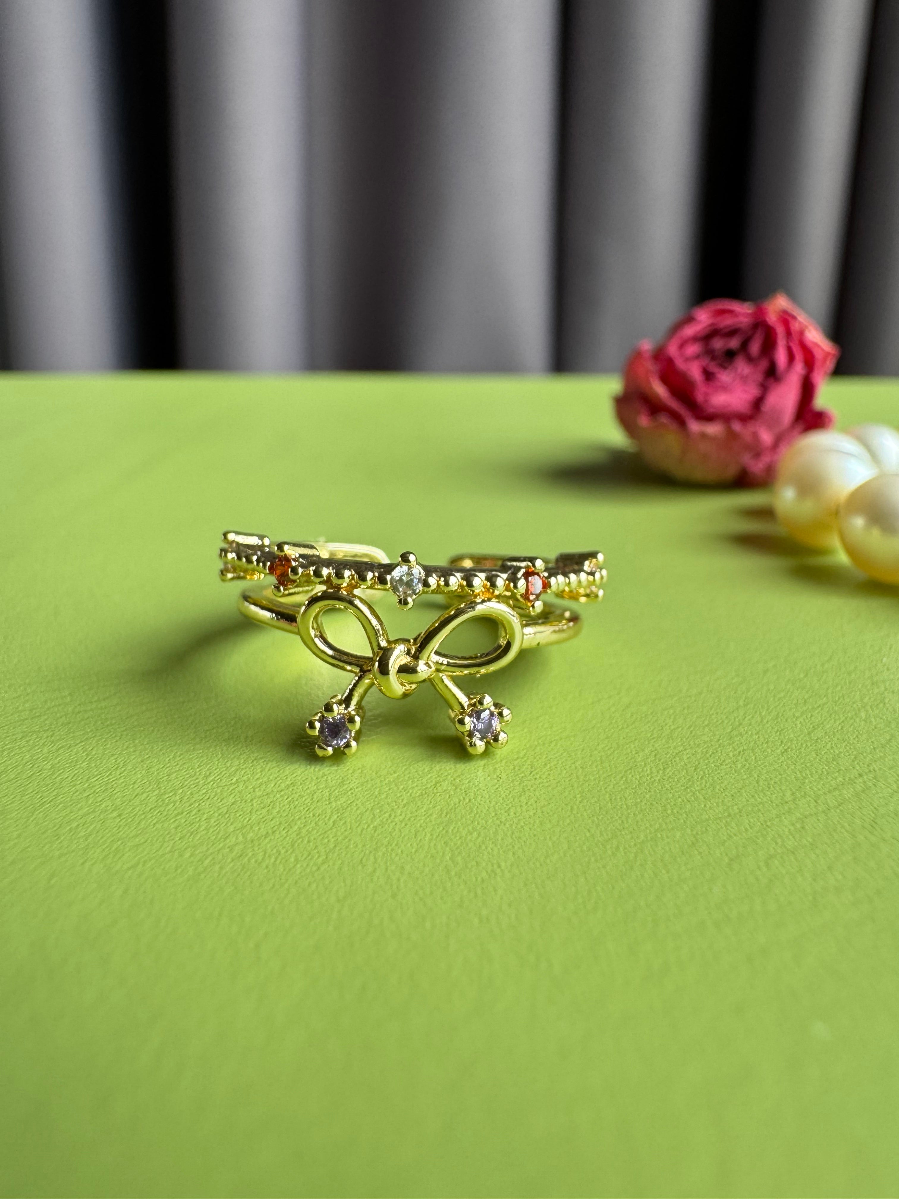 Gold Plated Bow Ring with Sparkly Zircon Accents for Women, Niche High-grade Trendy Adjustable Open Ring