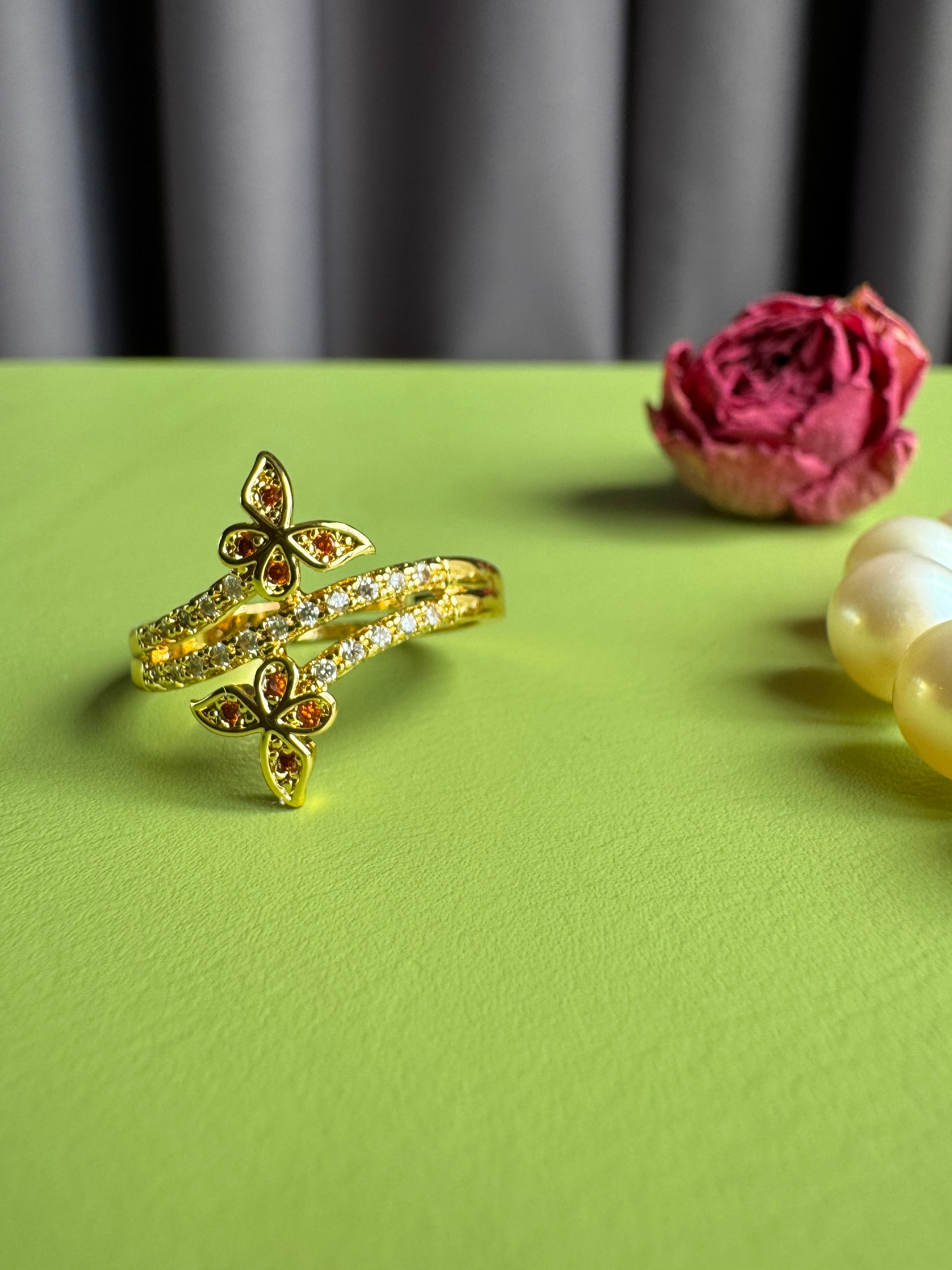 Twin Butterfly Pave Zircon Open Ring, Gold Plated Adjustable Stackable Ring for Women, Sparkling CZ Butterfly Wrap Ring, Dainty Statement Jewelry Gift