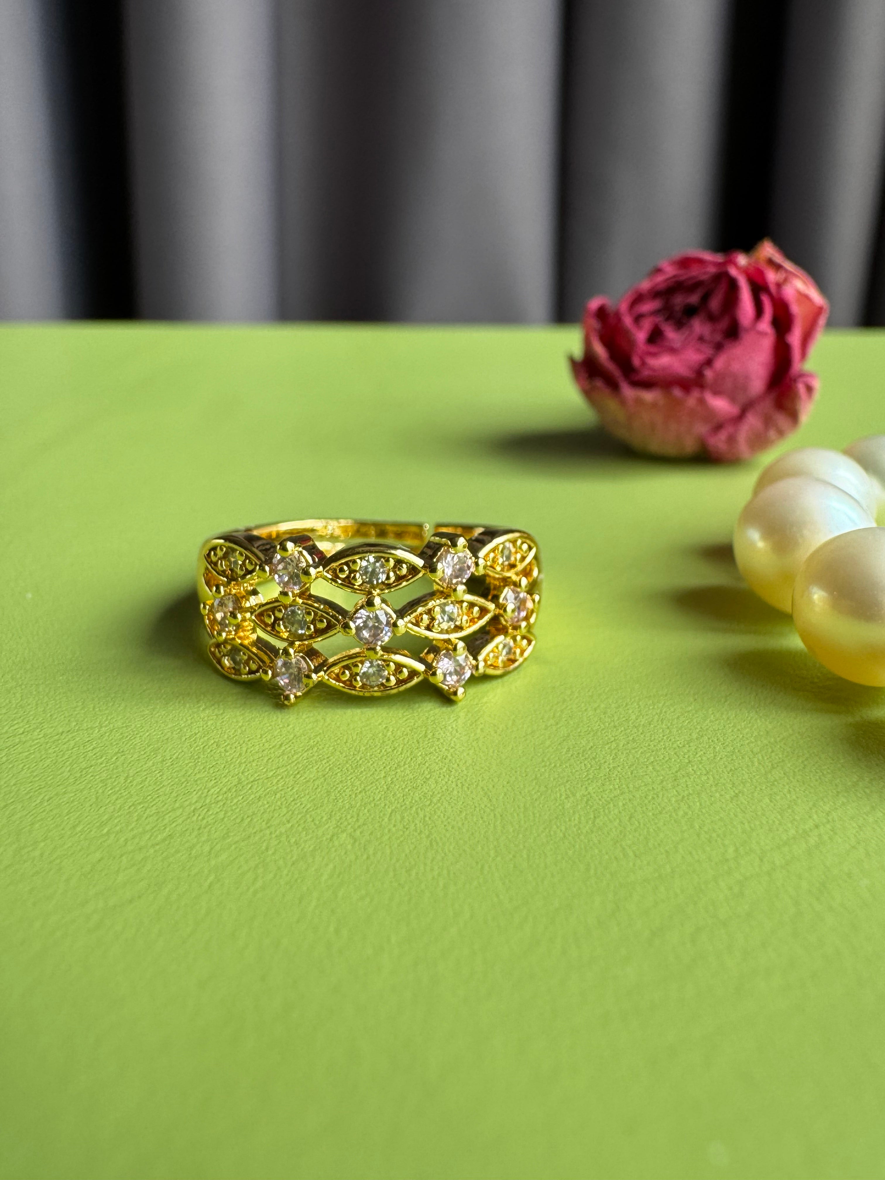 Golden Lace Multi-Layer Openwork Zircon Ring, Gold Plated Adjustable Statement Ring, Sparkling CZ Stackable Band Ring, Vintage Lace Jewelry for Women