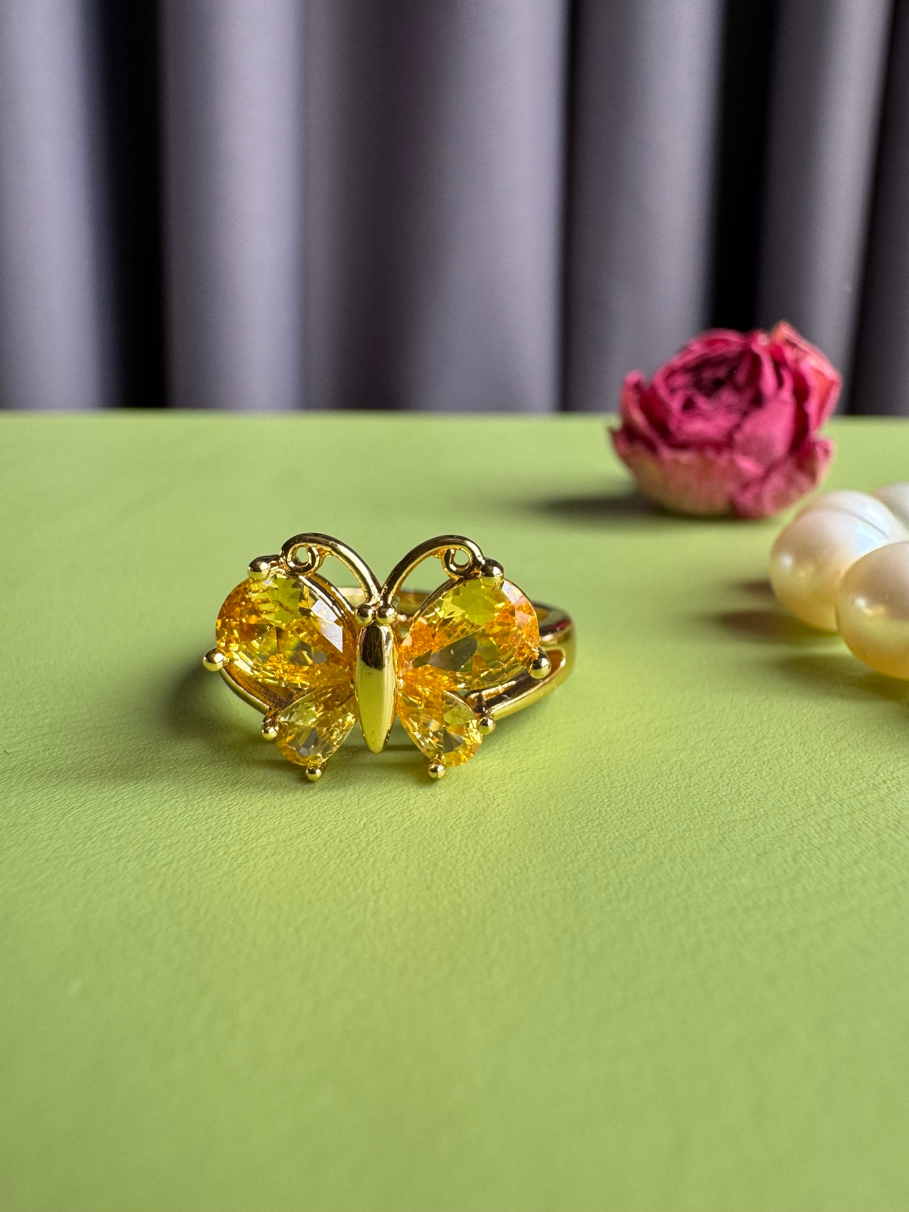 Citrine Color Butterfly Zircon Open Ring, Gold Plated Adjustable Statement Ring with Large Yellow CZ Wings, Hypoallergenic Sparkling Butterfly Jewelry for Women