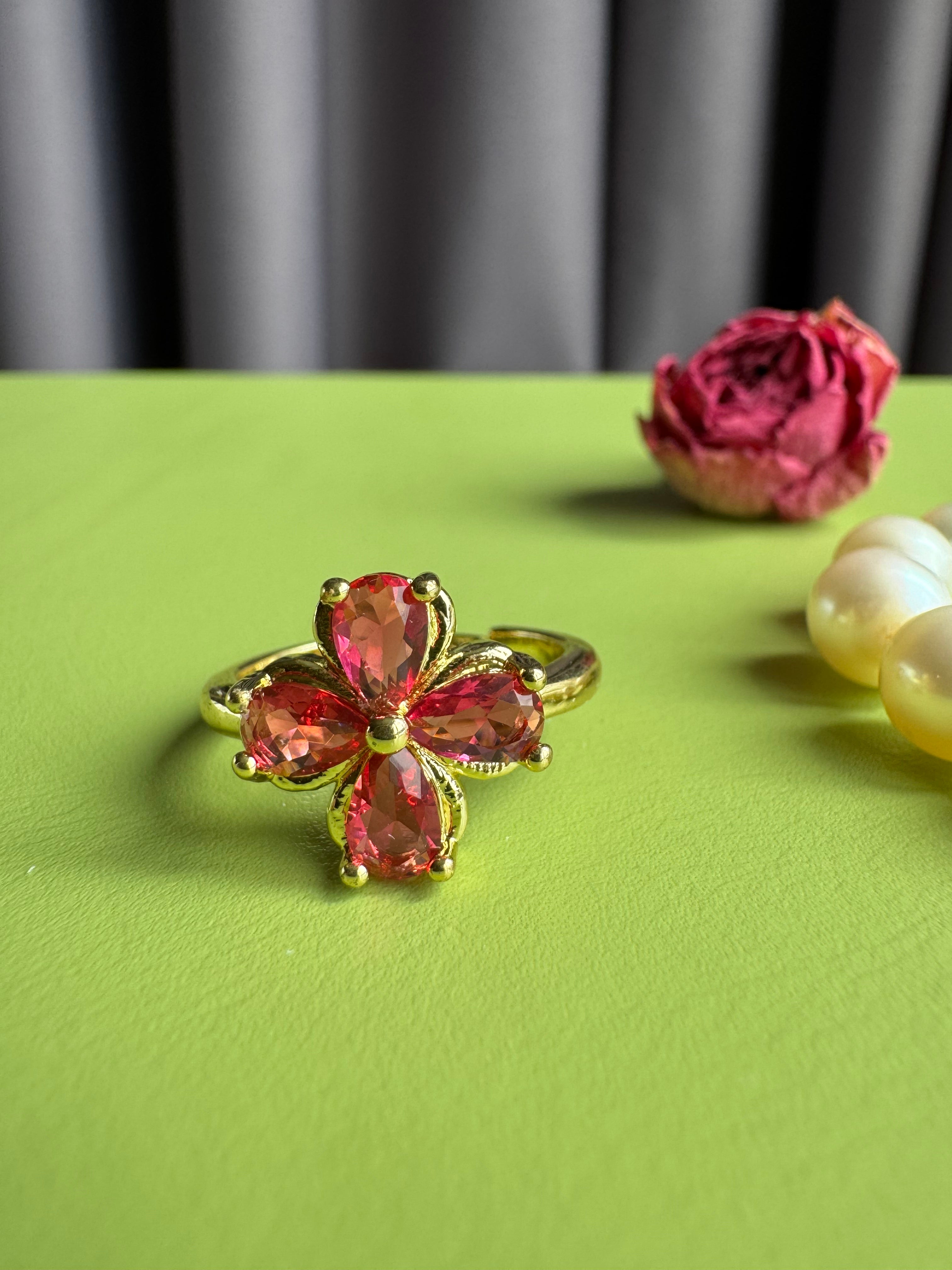 Clover Zircon Adjustable Open Ring, Gold Plated Floral Statement Ring, Sparkling Rose CZ Blossom Wrap Ring, Dainty Romantic Jewelry Gift for Women