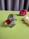 Ruby Bow Micro-Pave Zircon Ring, Silver Plated Elegant Statement Ring, Sparkling Red CZ Bow Adjustable Band, Luxury-Inspired Sweet & Edgy Jewelry for Her