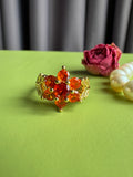 Sunset Blossom Pave Zircon Ring, Gold Plated Elegant Floral Statement Ring, Sparkling Orange CZ Adjustable Open Band, Timeless Romantic Jewelry for Women