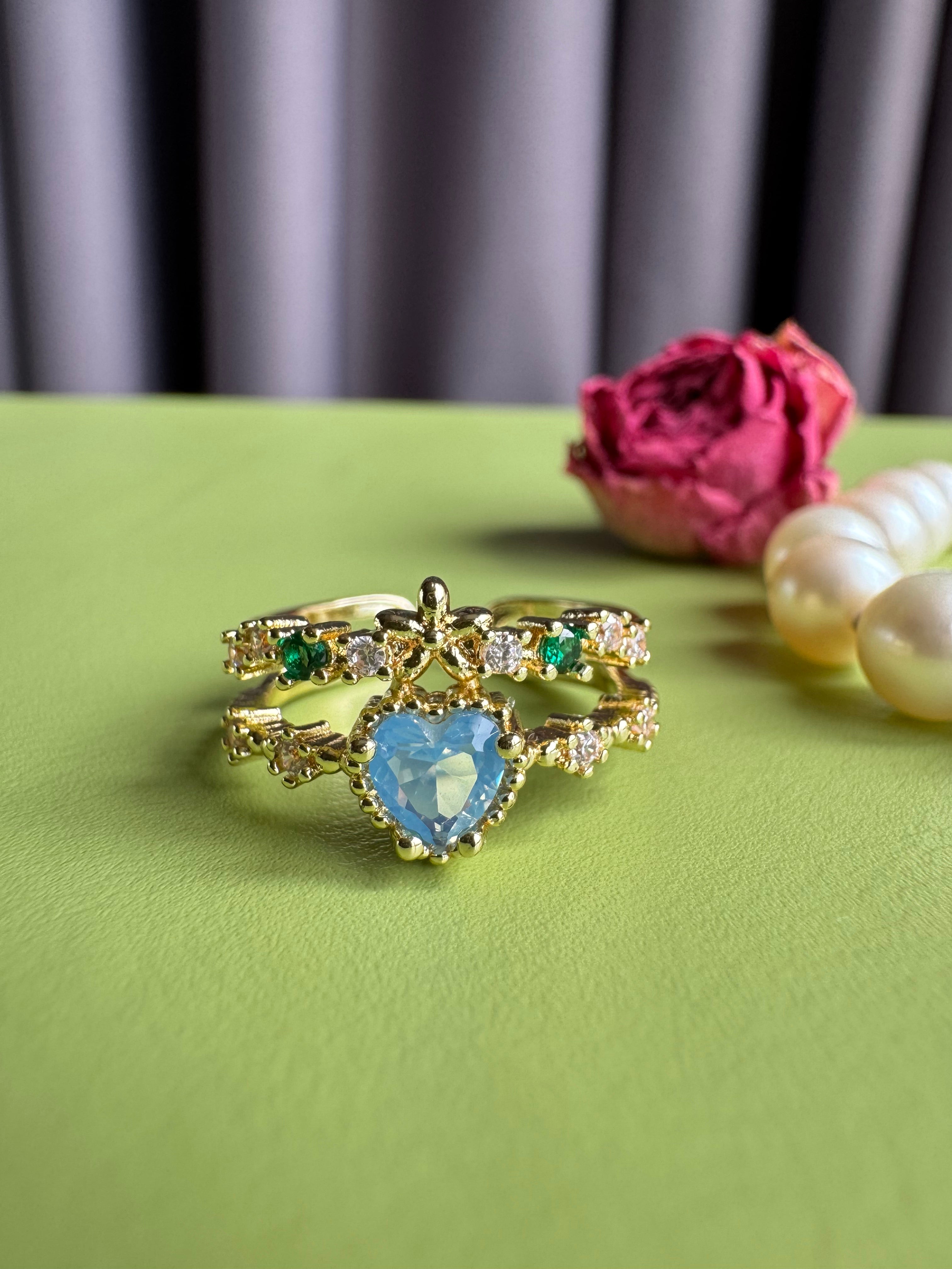 Regal Emerald Heart Layered Ring, Gold Plated Crown-Inspired Zircon Ring, Sparkling Green CZ Statement Band, Elegant Vintage Jewelry for Her