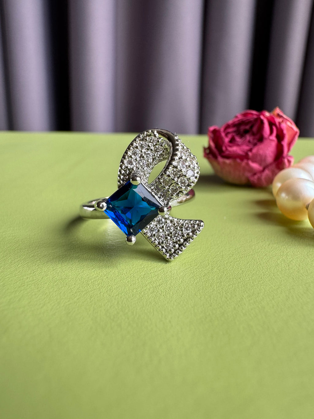 Ruby Bow Micro-Pave Zircon Ring, Silver Plated Elegant Statement Ring, Sparkling Red CZ Bow Adjustable Band, Luxury-Inspired Sweet & Edgy Jewelry for Her