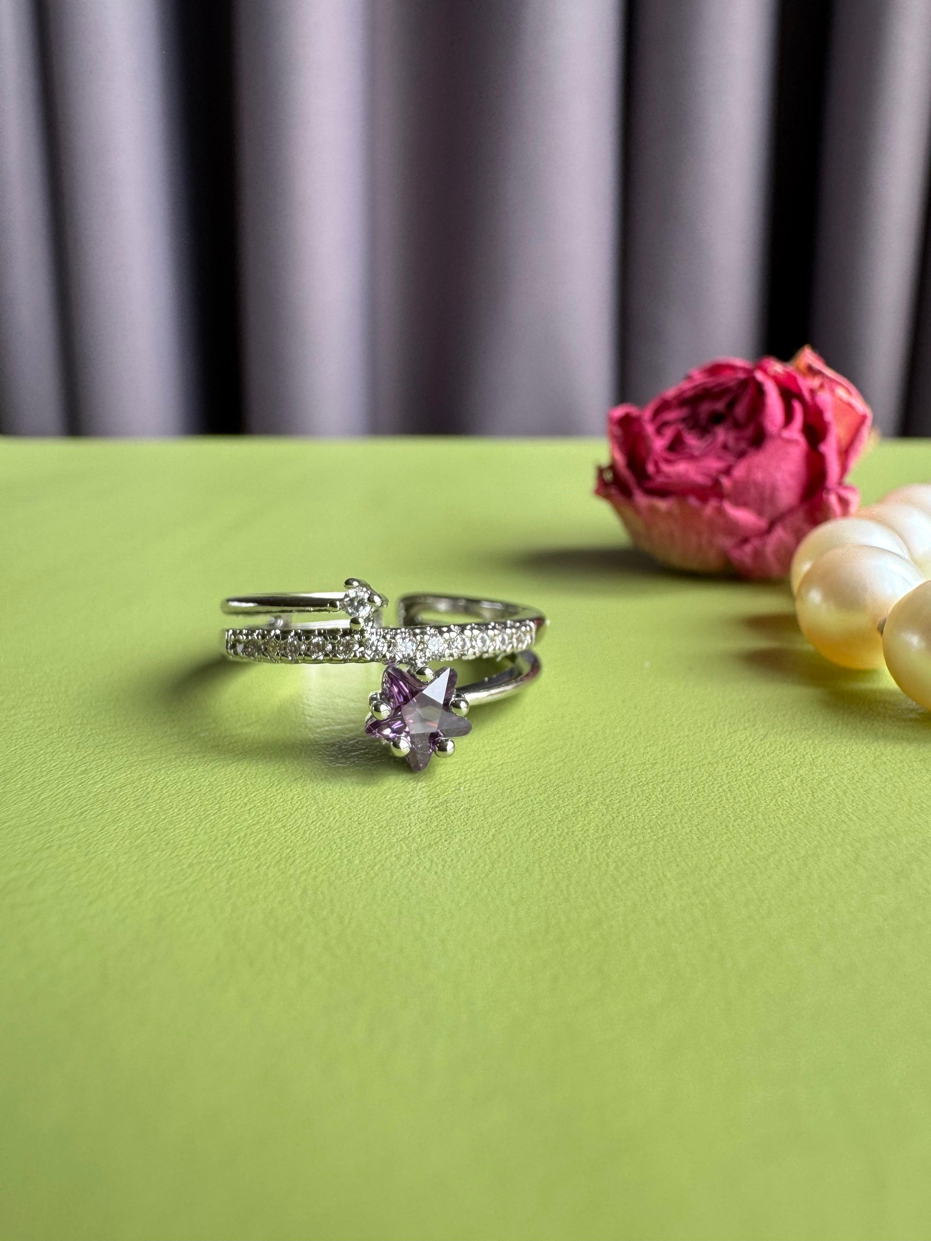 Lucky Star Adjustable Wrap Ring, Silver Plated Double Band Zircon Ring, Sparkling Amethyst Color Star Statement Band, Perfect Birthday/Valentine Jewelry Gift