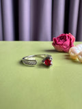 Ruby Heart Micro-Pave Zircon Ring, Silver Plated Elegant Promise Ring, Sparkling Red CZ Adjustable Open Band, Timeless Romantic Jewelry for Her