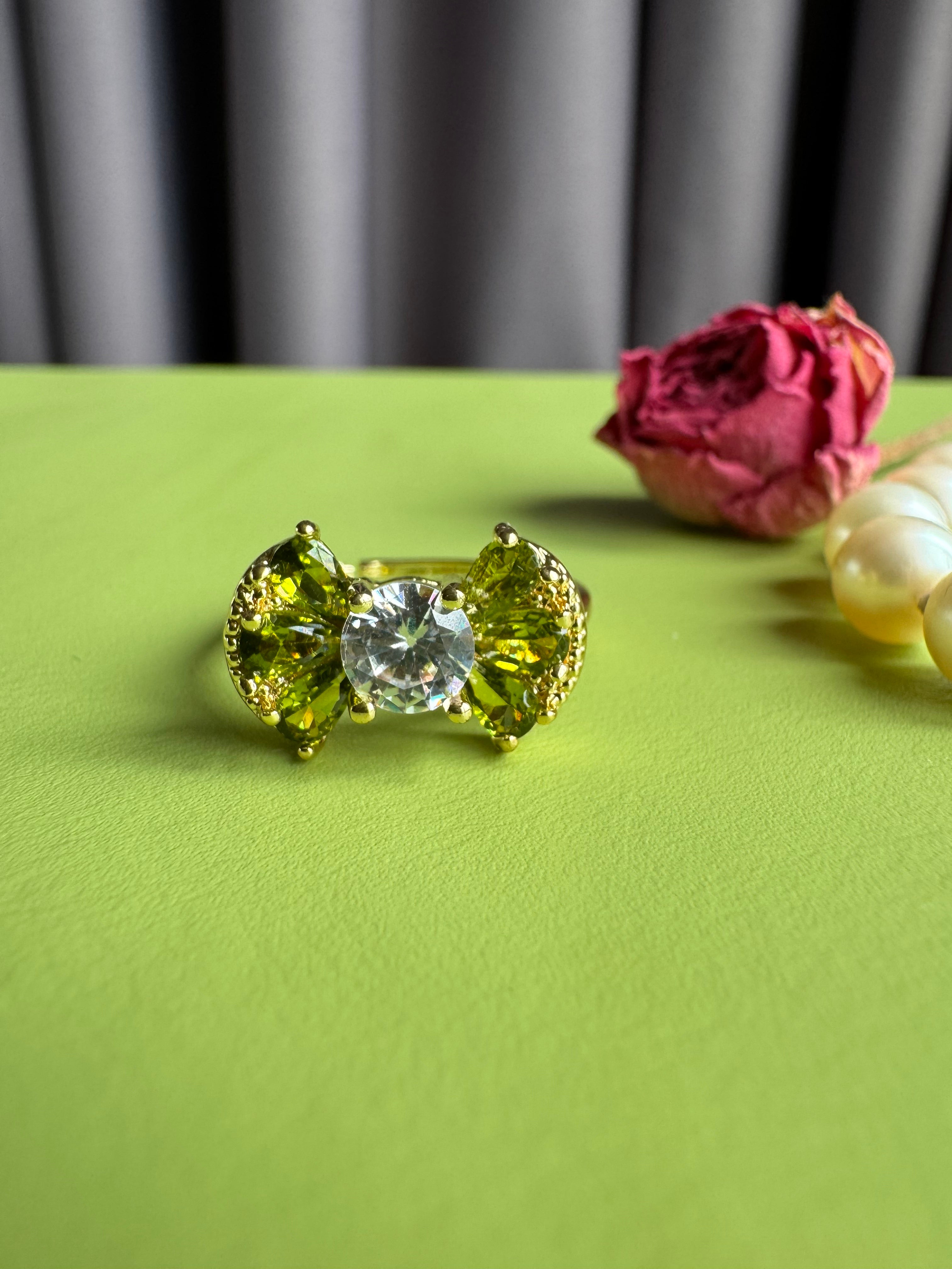 Olive Green CZ Bow Adjustable Open Ring, Gold Plated Statement Ring, Sparkling Peridot Color Zircon Wrap Ring, Fresh Aesthetic Jewelry Gift for Women