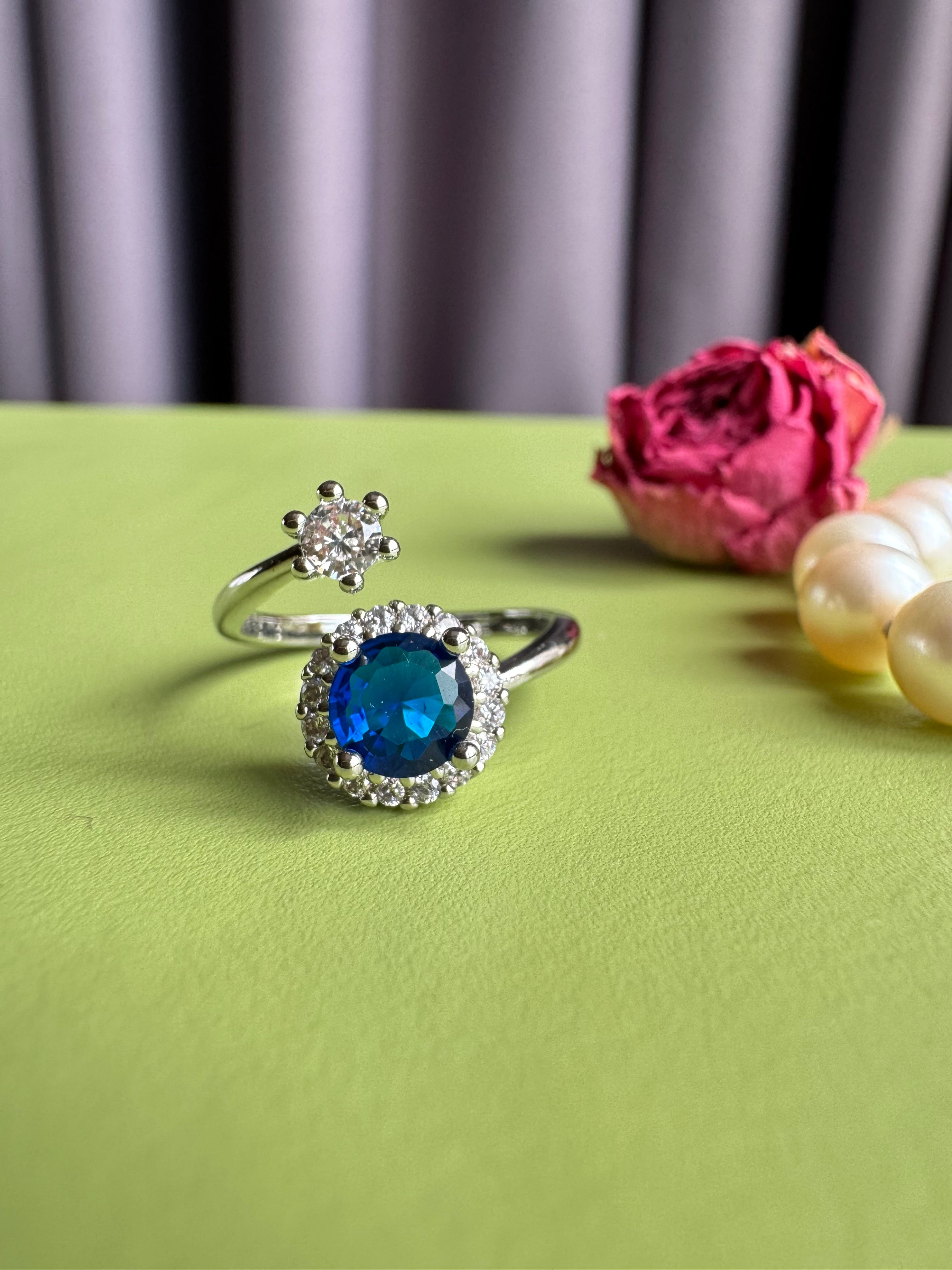 Blue CZ Halo Star Adjustable Open Ring, Silver Plated Statement Promise Ring, Sparkling Sapphire Color Zircon Wrap Ring, Dainty Celestial Jewelry Gift for Women