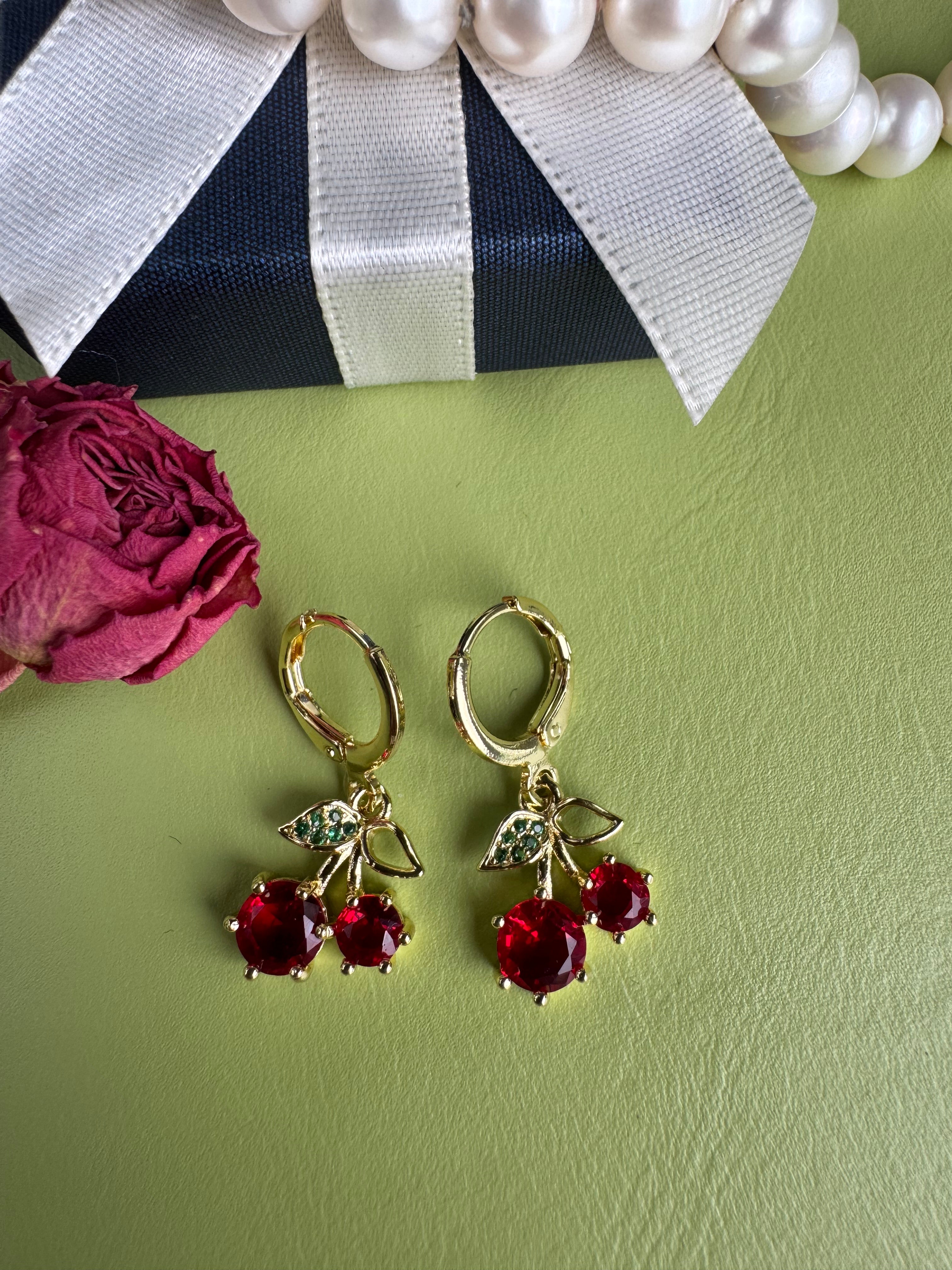 French Style Cherry Charm Hoop Earrings - Gold Plated Copper Fruit Jewelry