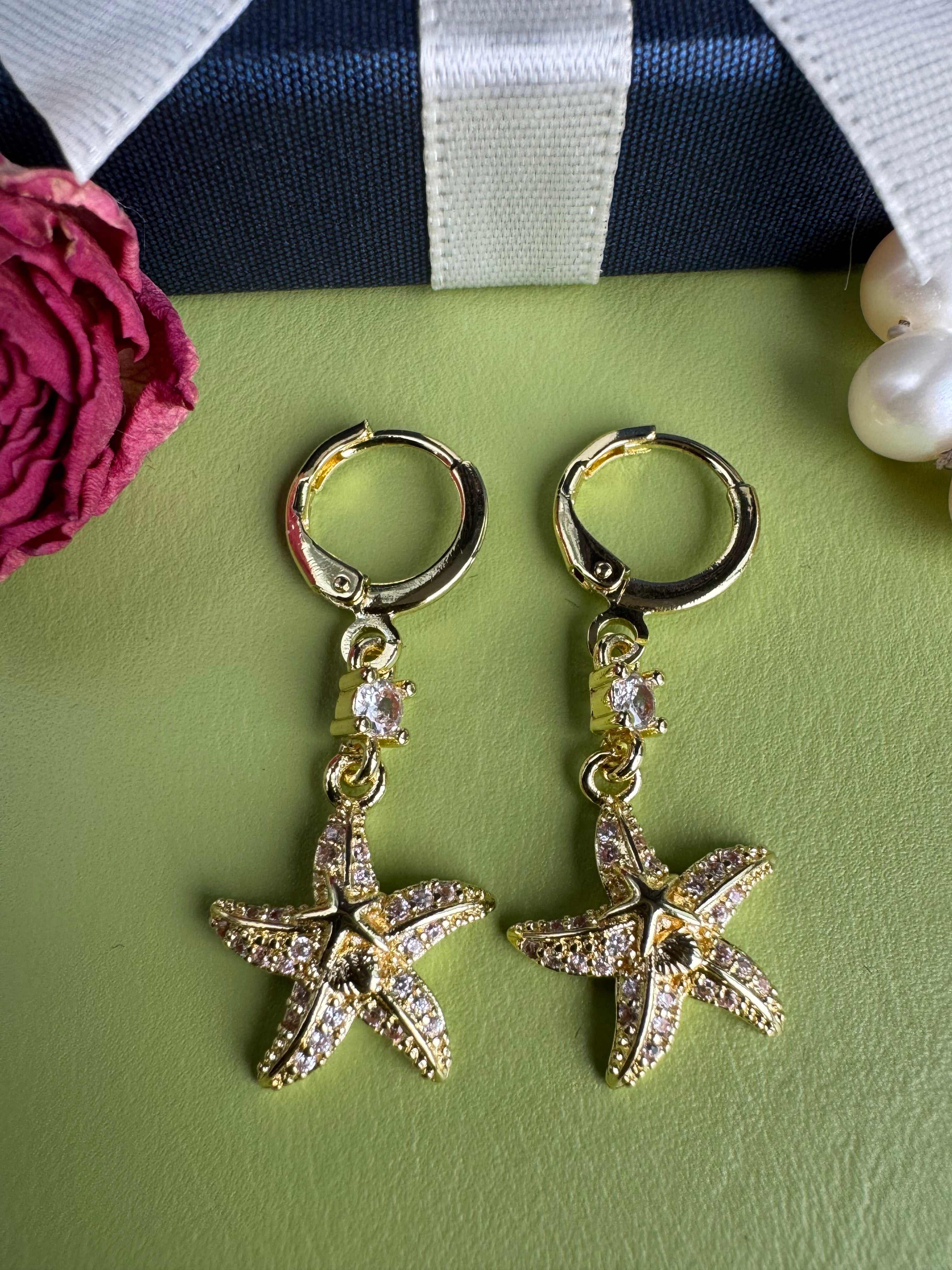 Fashion creative ocean creature starfish drop earrings, crafted from copper and inlaid with sparkling zircon stones, elegant jewelry for ladies