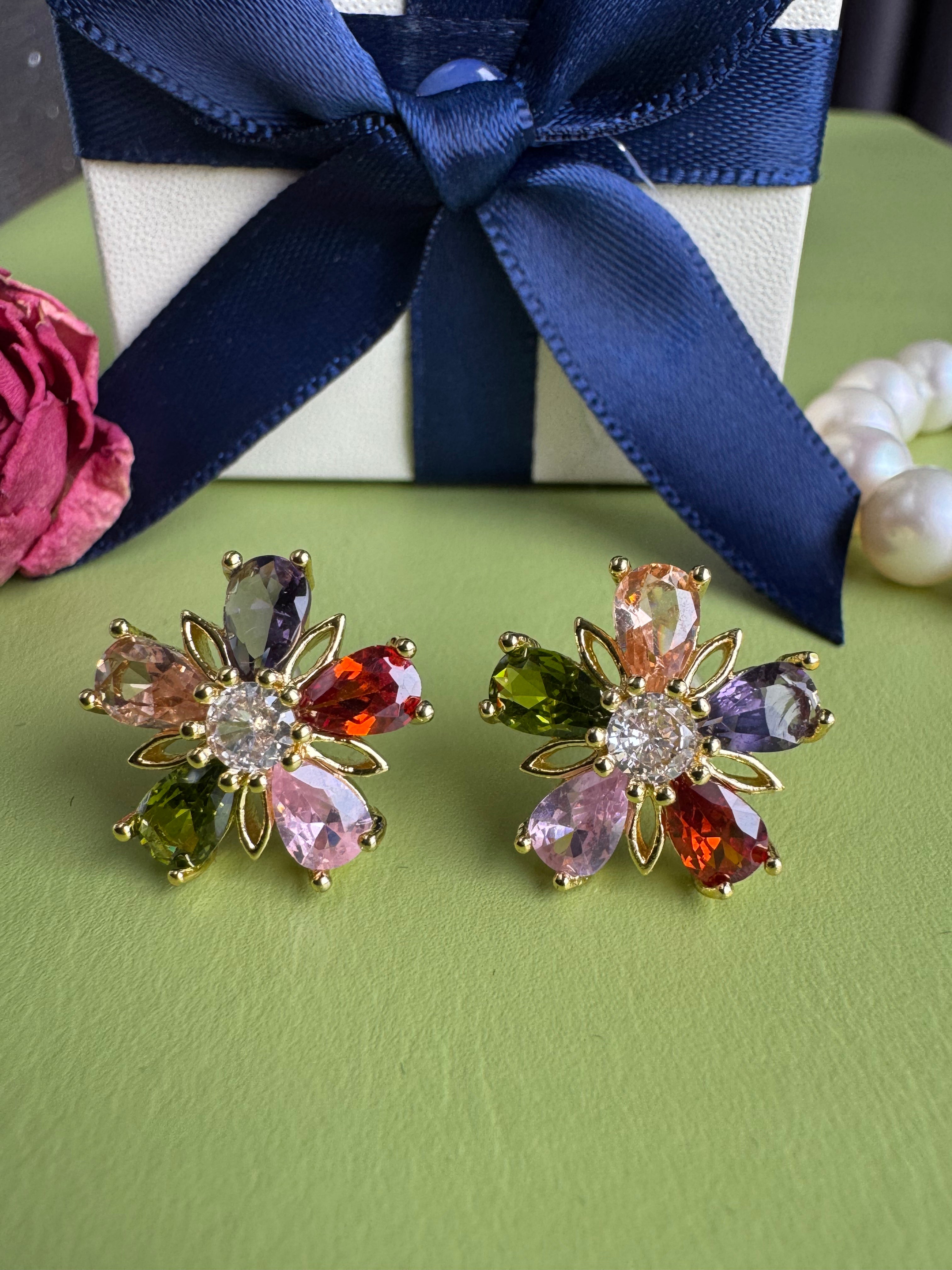 Gem Flower Stud Earrings, Luxury Minimalist Floral Ear Jewelry