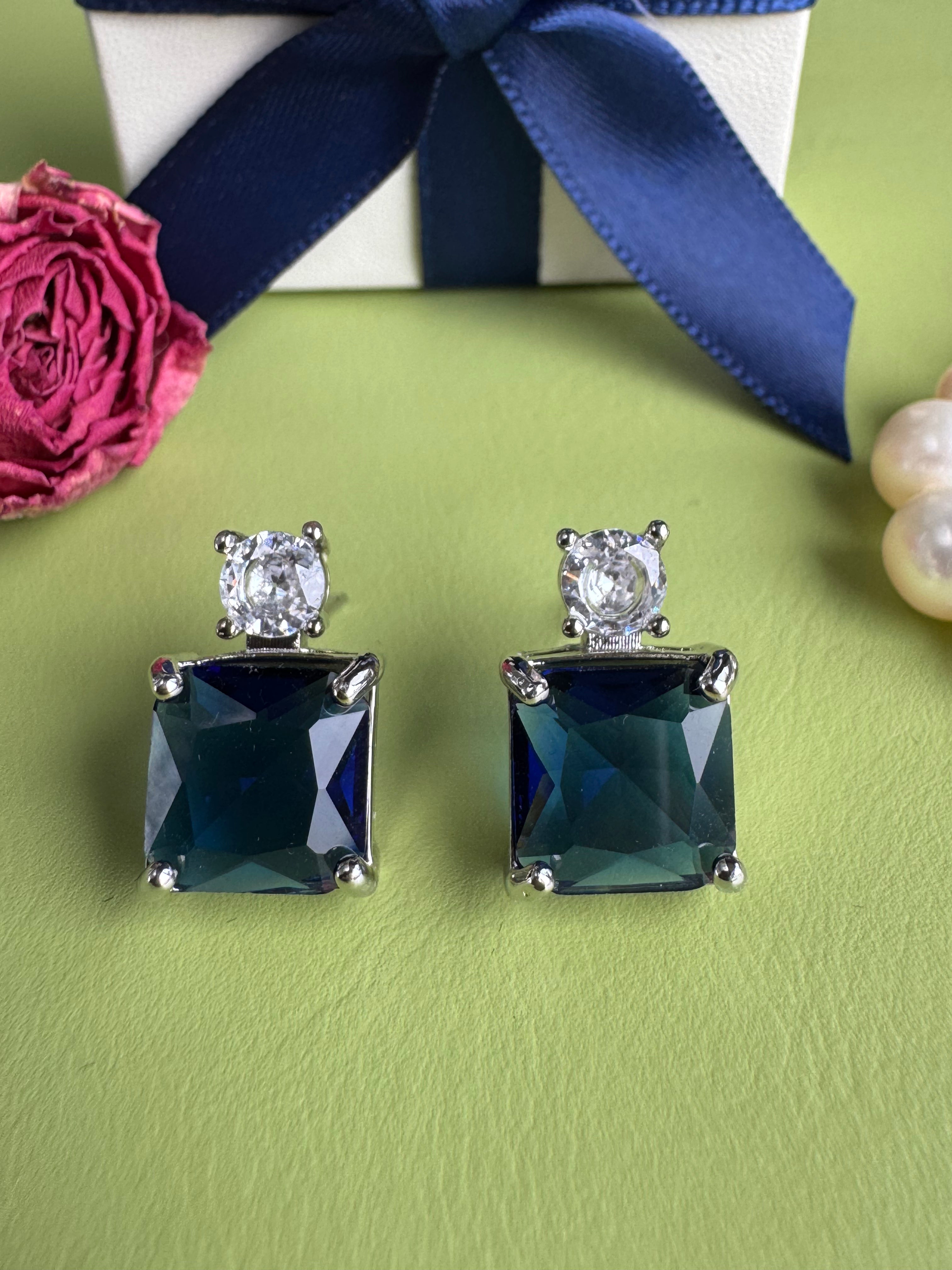 Blue Sapphire Princess Cut Stud Earrings for Women, Gold Plated