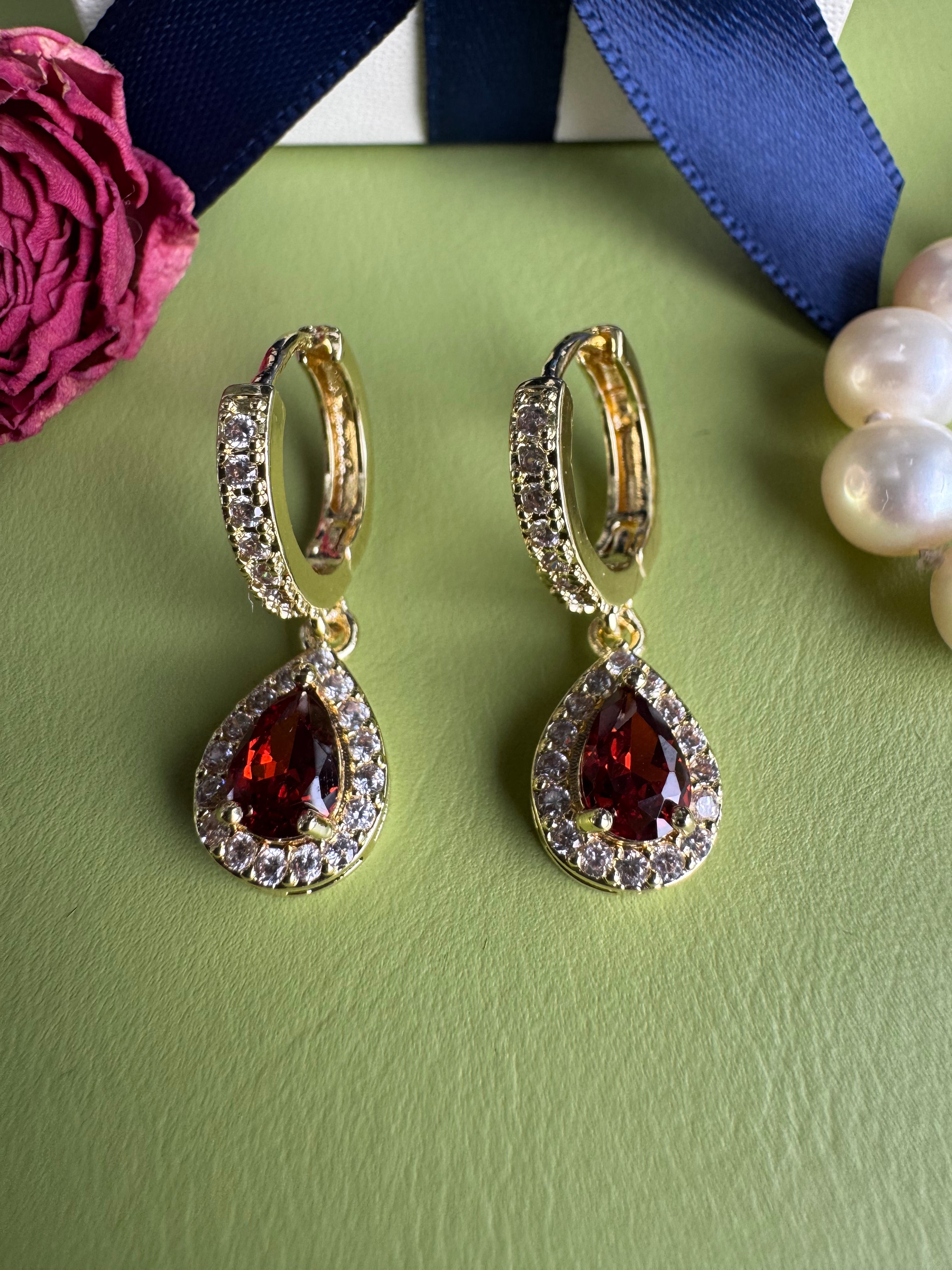 Luxury Niche Teardrop Zircon Ear Cuffs | Vintage Wine Red, Gold Paved Crystals. Elegant style, skin-flattering & perfect for daily office looks.