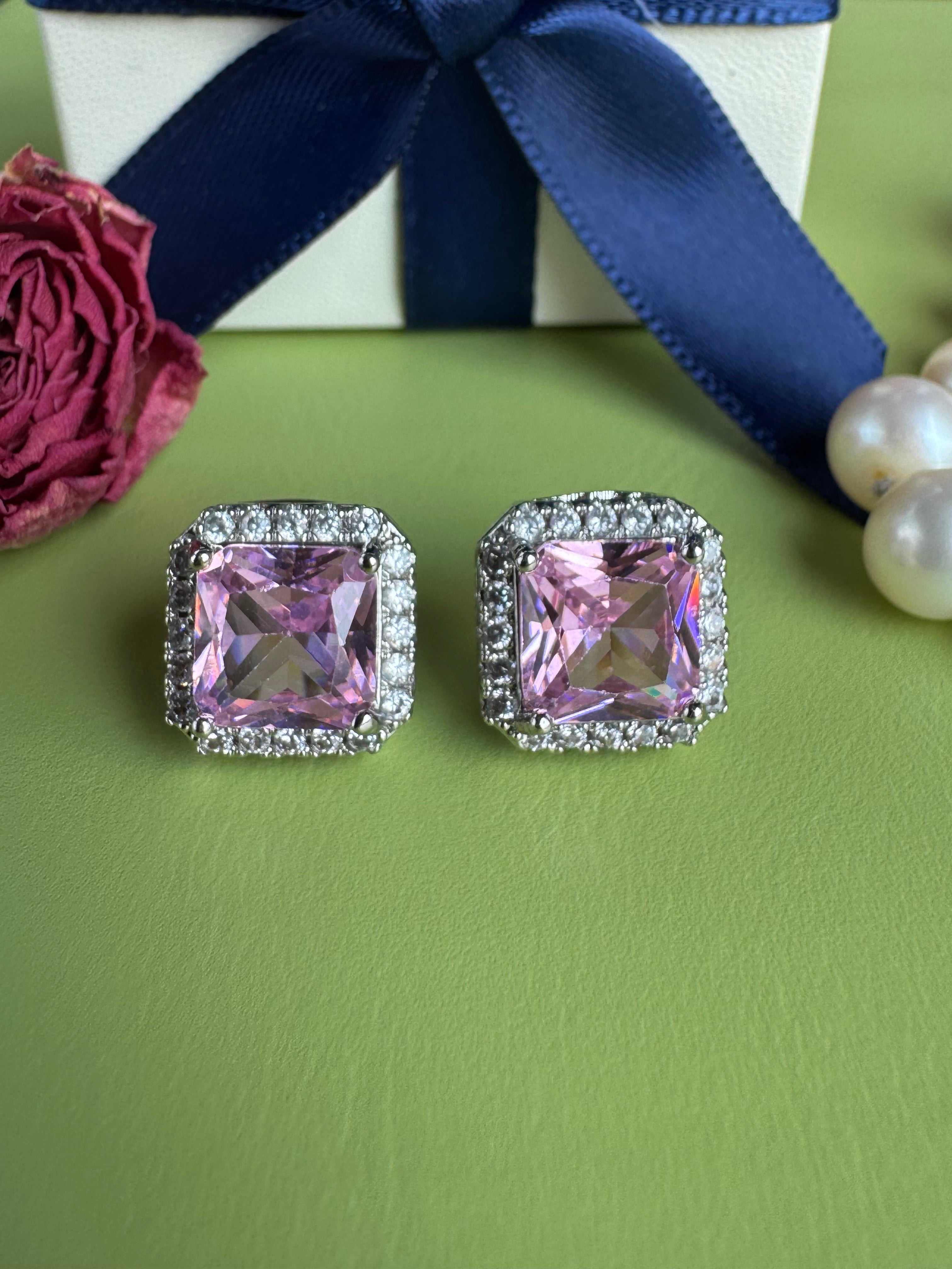 Women Elegant Princess Cut Zircon Earrings, European American Socialite Style Stud Jewelry