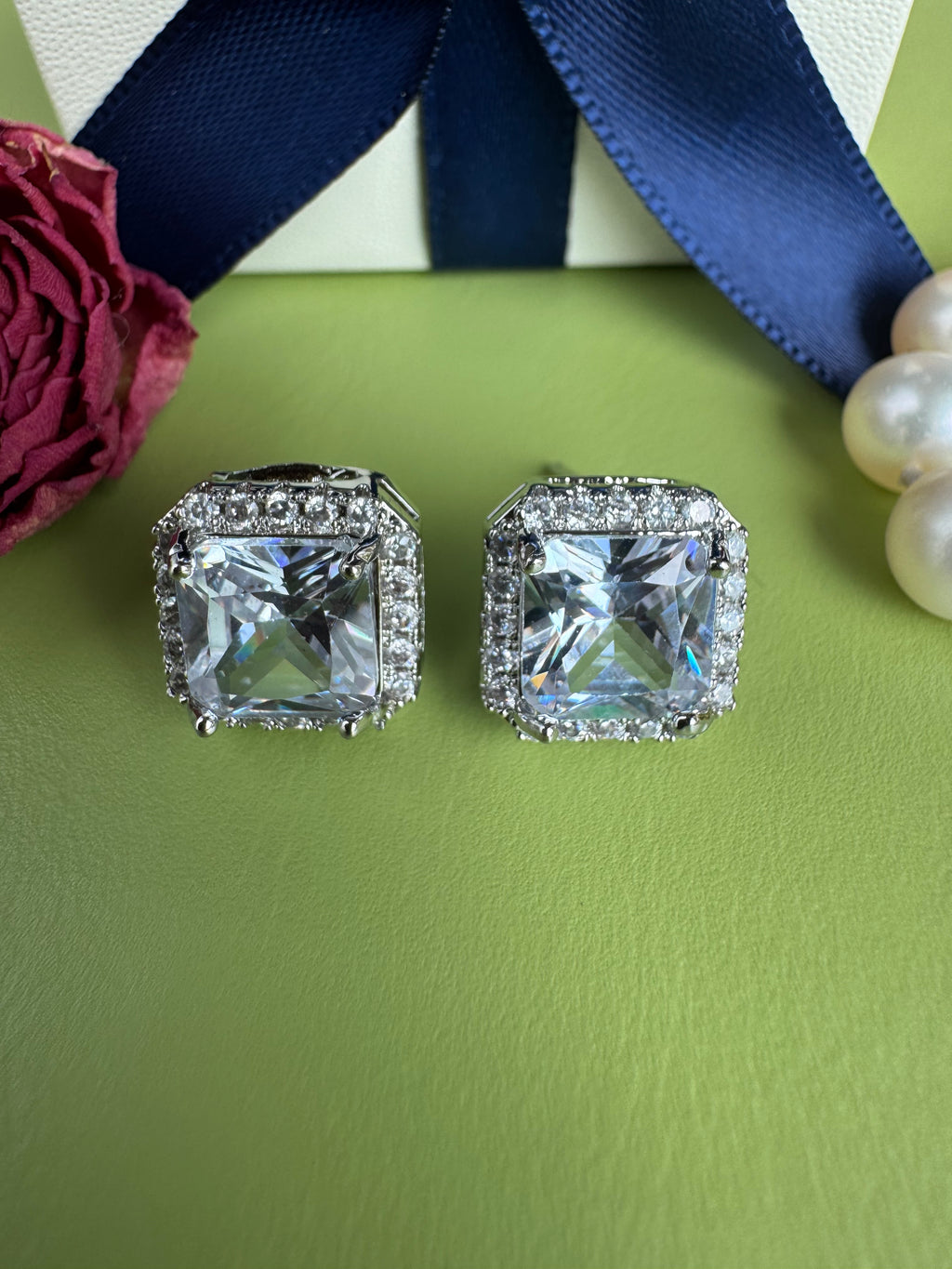 Women Elegant Princess Cut Zircon Earrings, European American Socialite Style Stud Jewelry