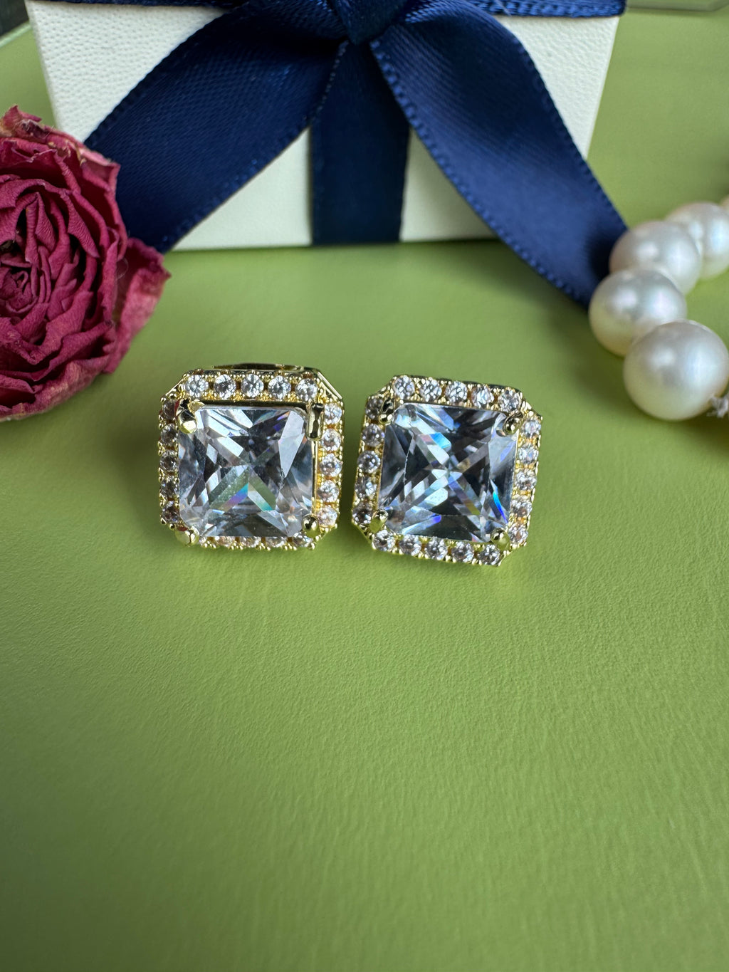 Women Elegant Princess Cut Zircon Earrings, European American Socialite Style Stud Jewelry