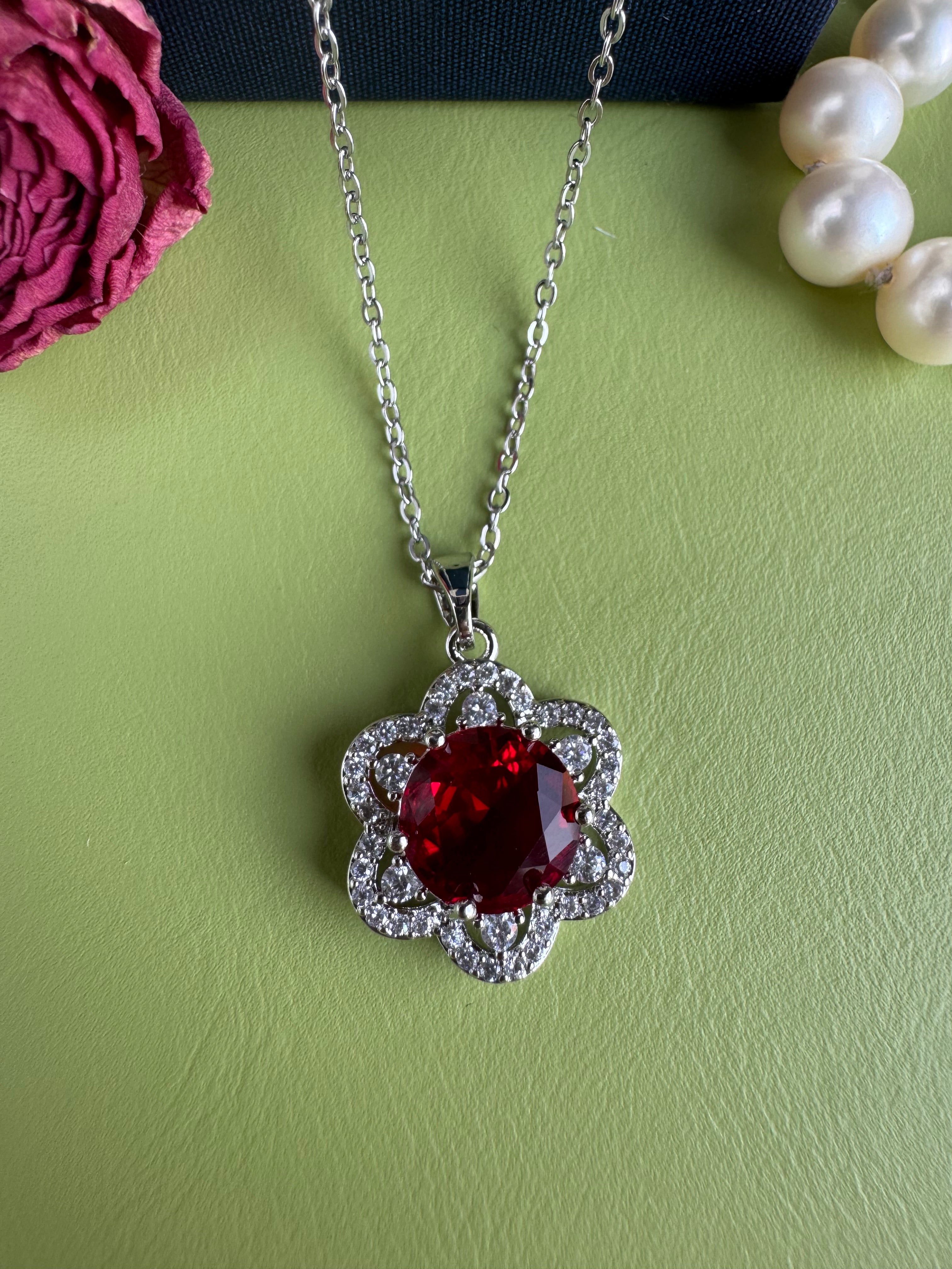 Gold Plated Red CZ Flower Pendant Necklace