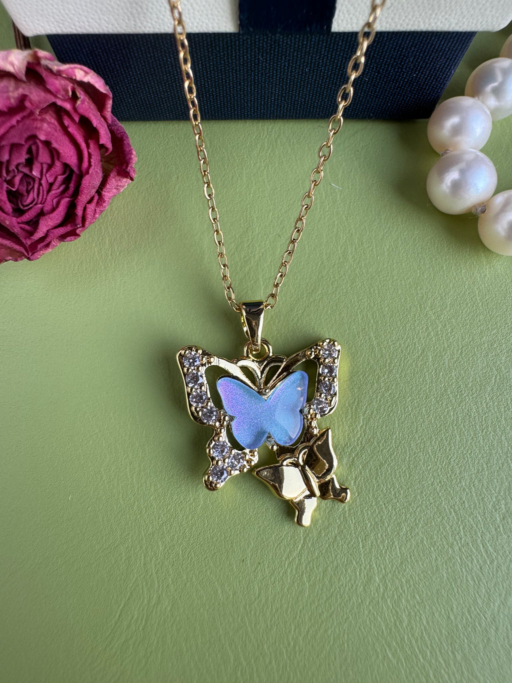 Gold Plated Red CZ Butterfly Pendant Necklace