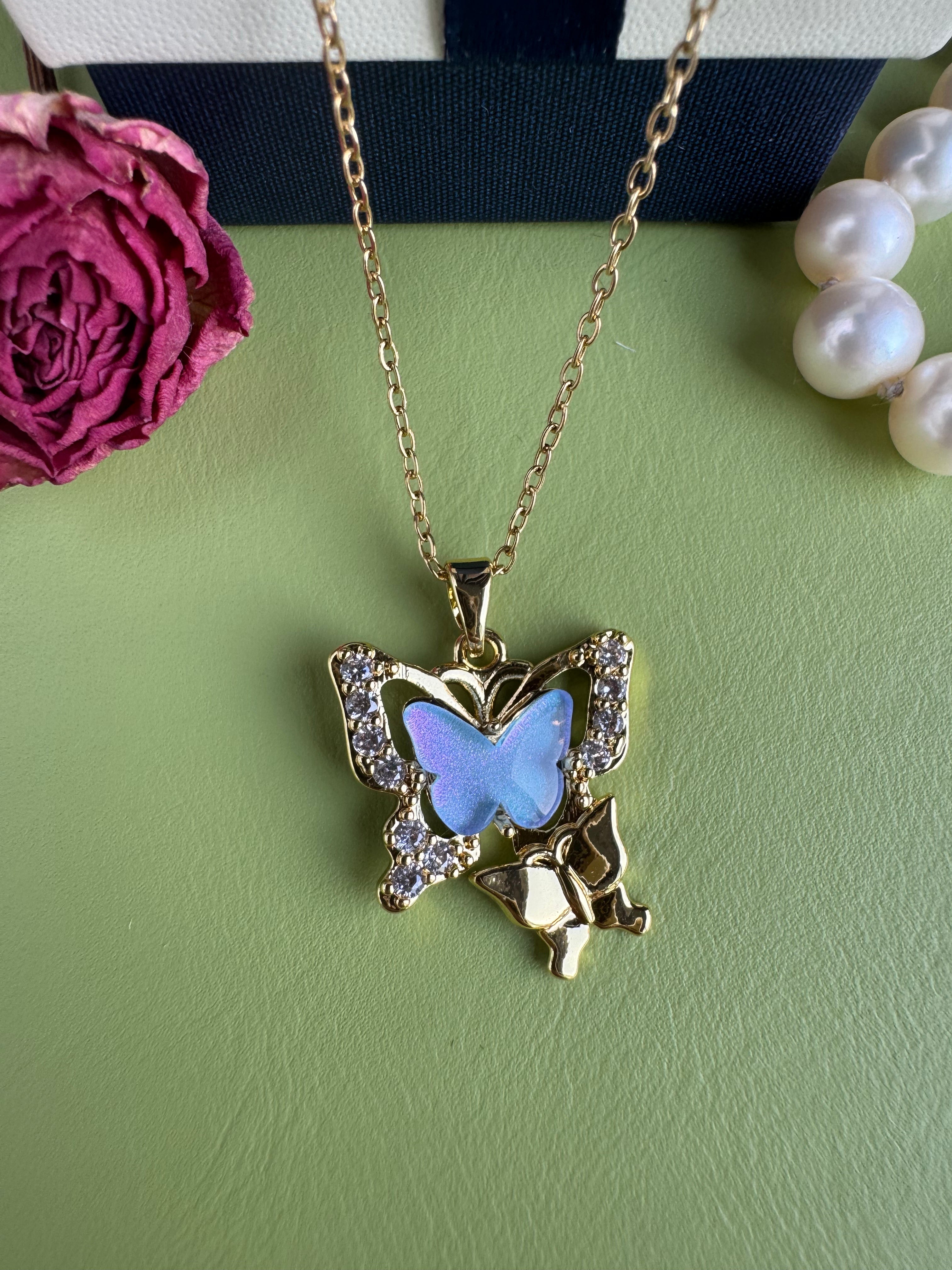 Gold Plated Red CZ Butterfly Pendant Necklace