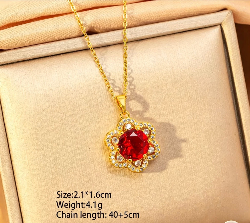 Gold Plated Red CZ Flower Pendant Necklace