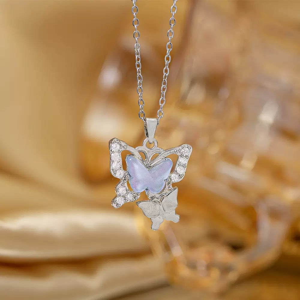 Gold Plated Red CZ Butterfly Pendant Necklace