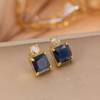 Blue Sapphire Princess Cut Stud Earrings for Women, Gold Plated