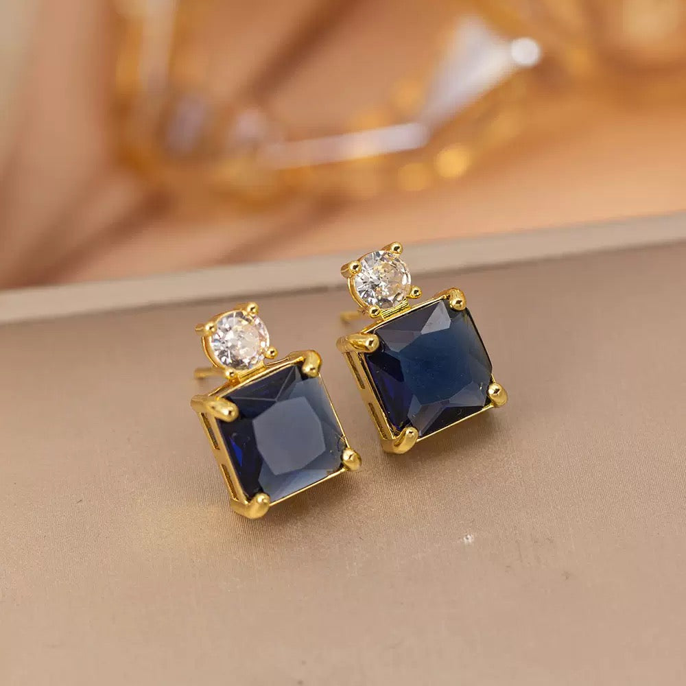 Blue Sapphire Princess Cut Stud Earrings for Women, Gold Plated